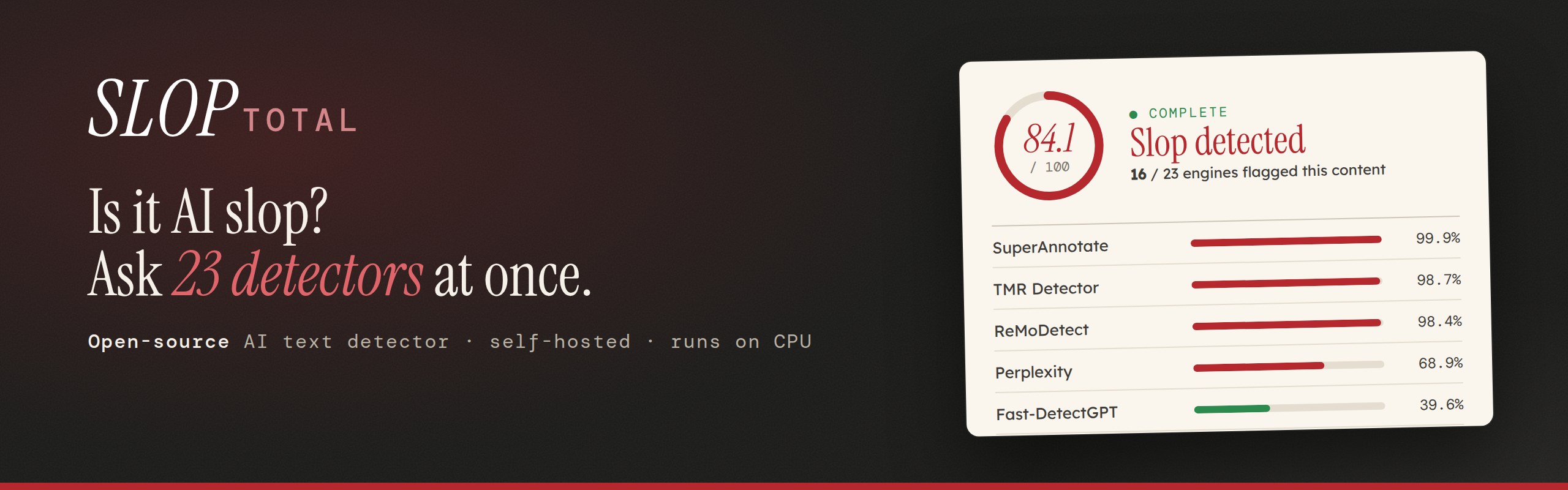 SlopTotal: open-source AI text detector that runs 23 detection engines on your own hardware