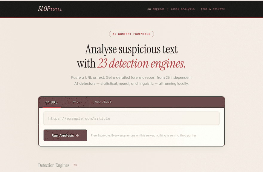 Pasting AI-written text into SlopTotal and watching 23 detection engines report in real time