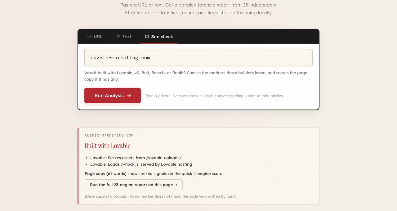 SlopTotal Site check identifying a website built with Lovable from its asset paths and scripts