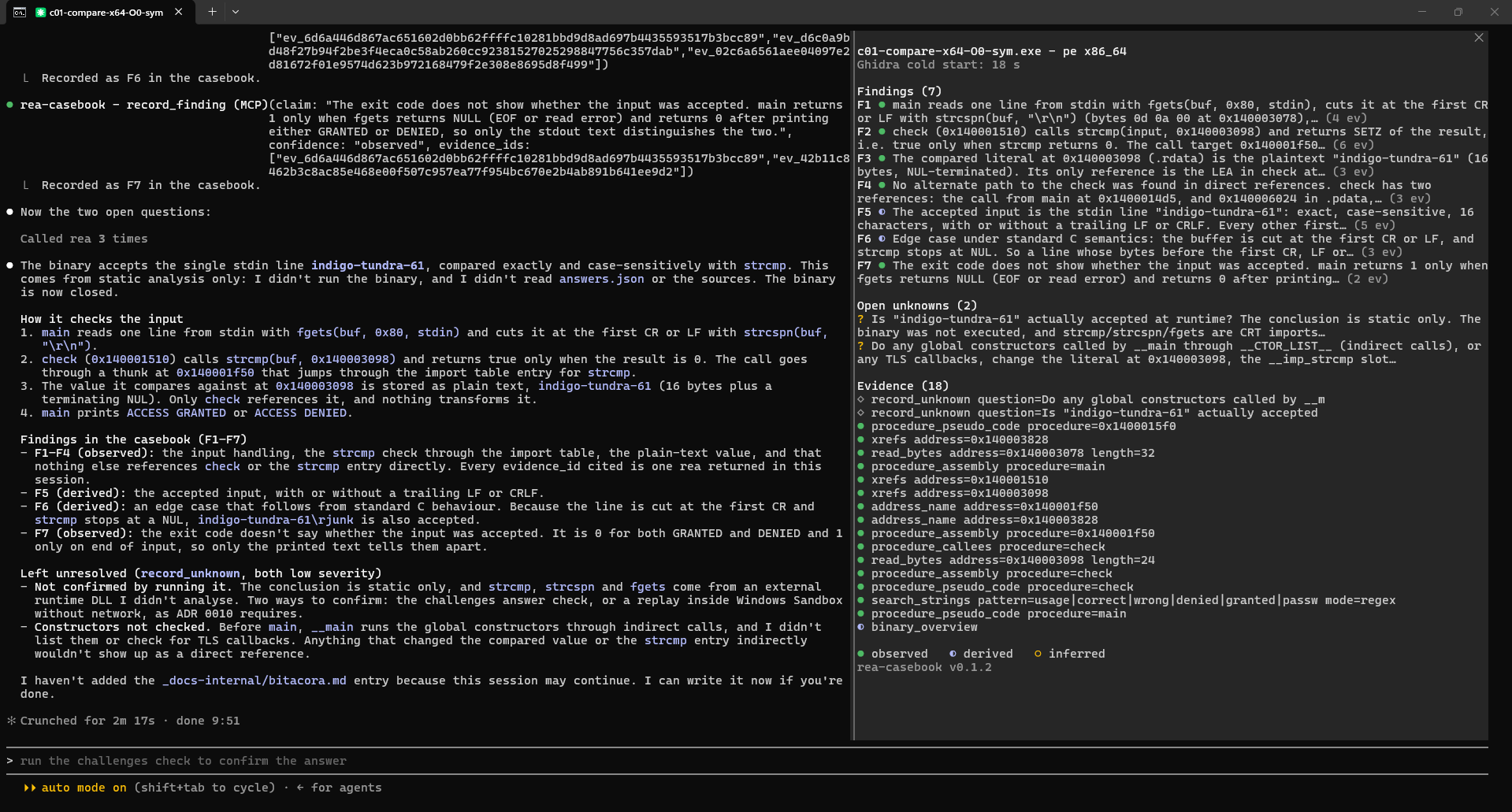 A Claude Code session in a dark theme: on the left, the agent analyses a challenge binary with rea and records findings with record_finding; on the right, the Casebook pane lists the target, a Ghidra cold start of 18 seconds, seven findings, two open unknowns and eighteen Evidence records