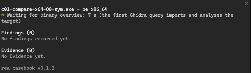 The pane while the first Ghidra query runs: waiting for binary_overview for 7 seconds, with a note that the first query imports and analyses the target