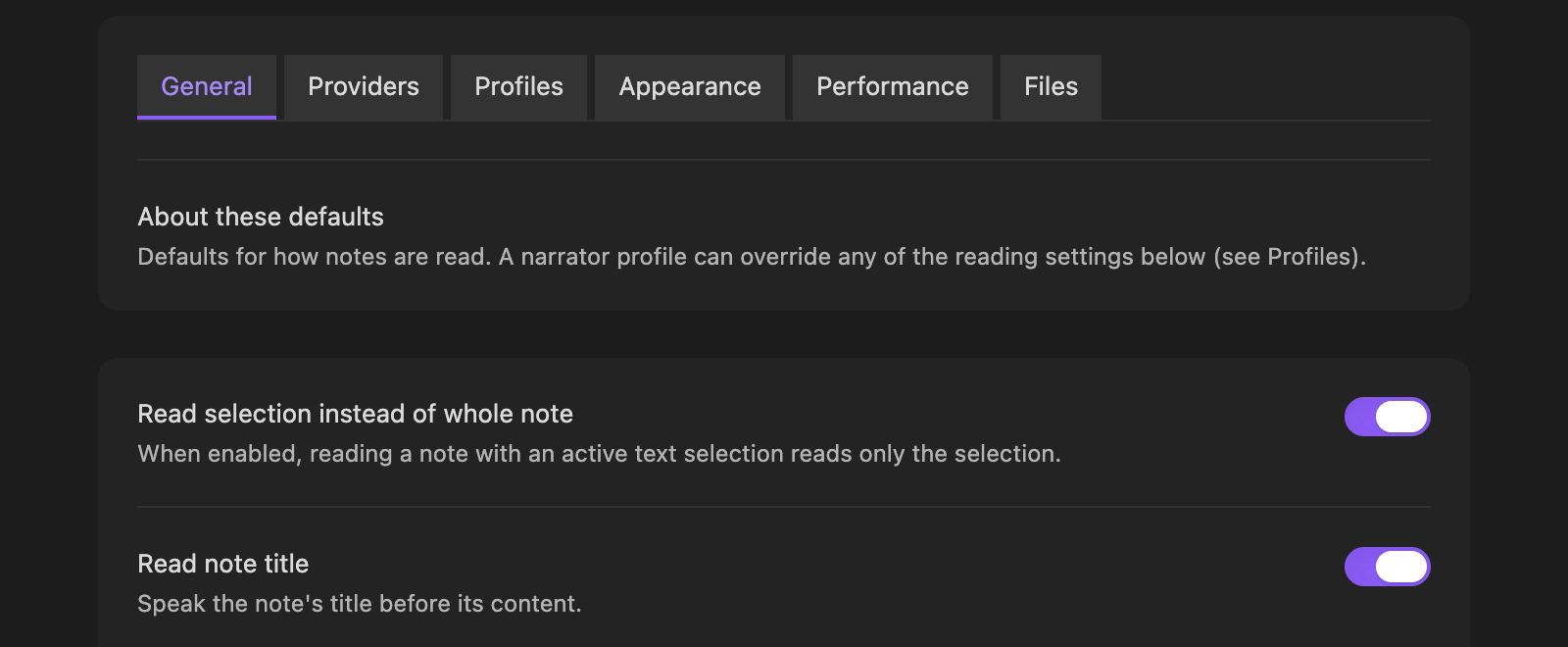Note Narrator settings, showing the General, Providers, Profiles, Appearance, Performance and Files tabs