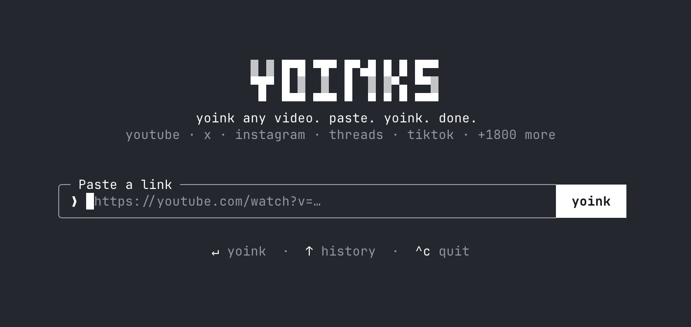 터미널에서 URL을 붙여넣고 yoink 버튼으로 동영상을 내려받는 풀스크린 인터페이스 스크린샷이다.