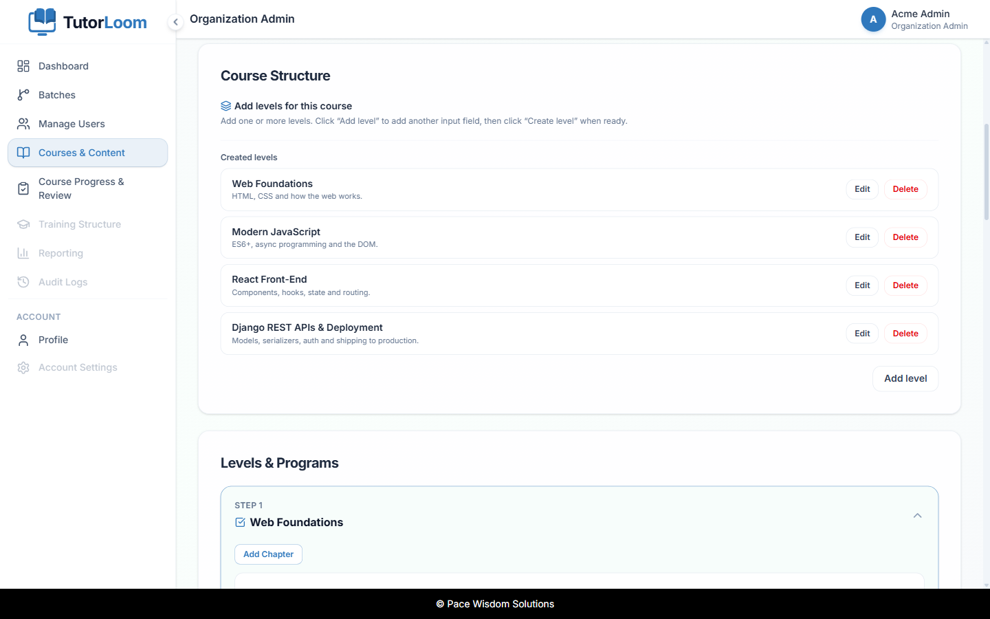 Course builder showing the levels of a course