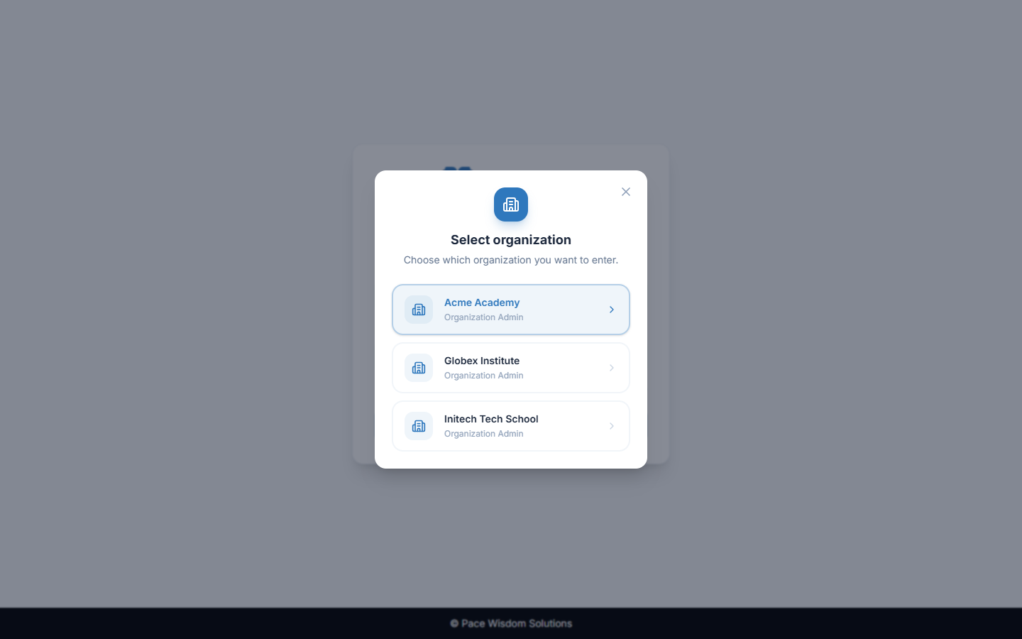 Organisation picker shown to a user who belongs to several organisations