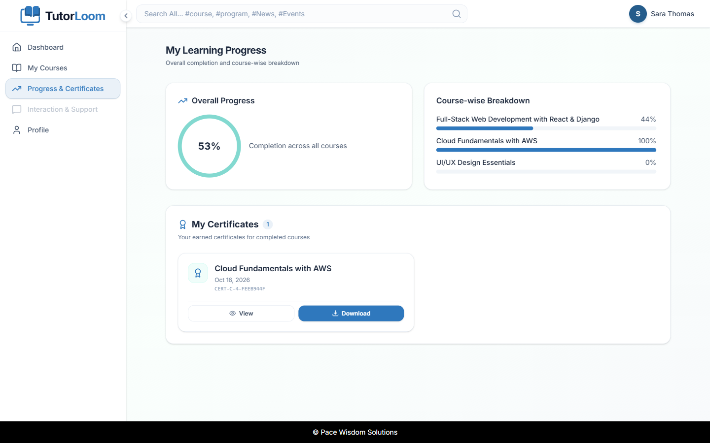 Student progress with an earned course certificate