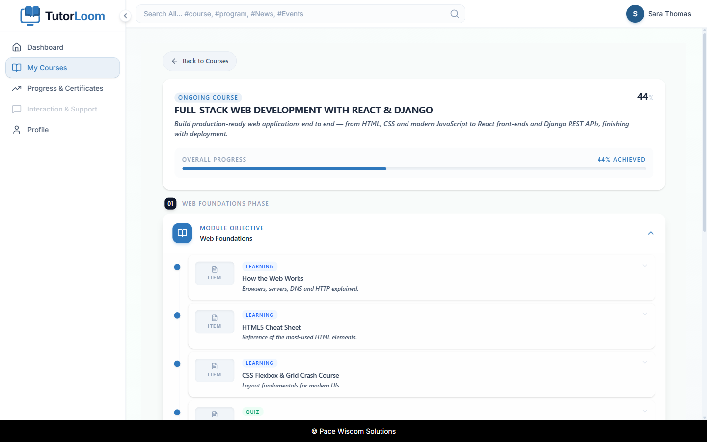 Student course roadmap with modules and steps
