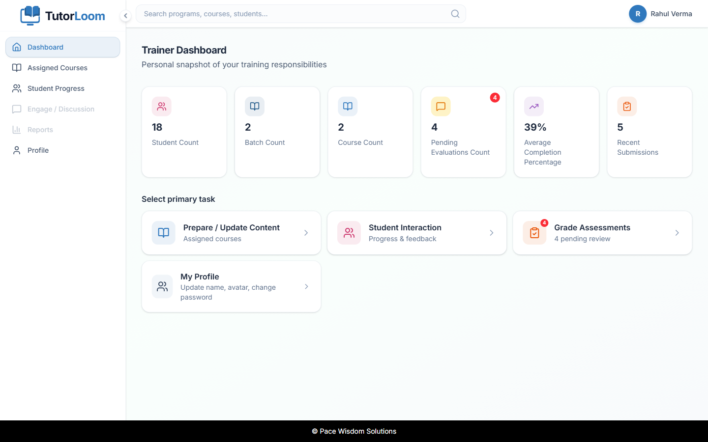 Trainer dashboard with pending evaluations and completion stats