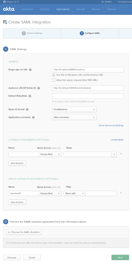 Okta test app config