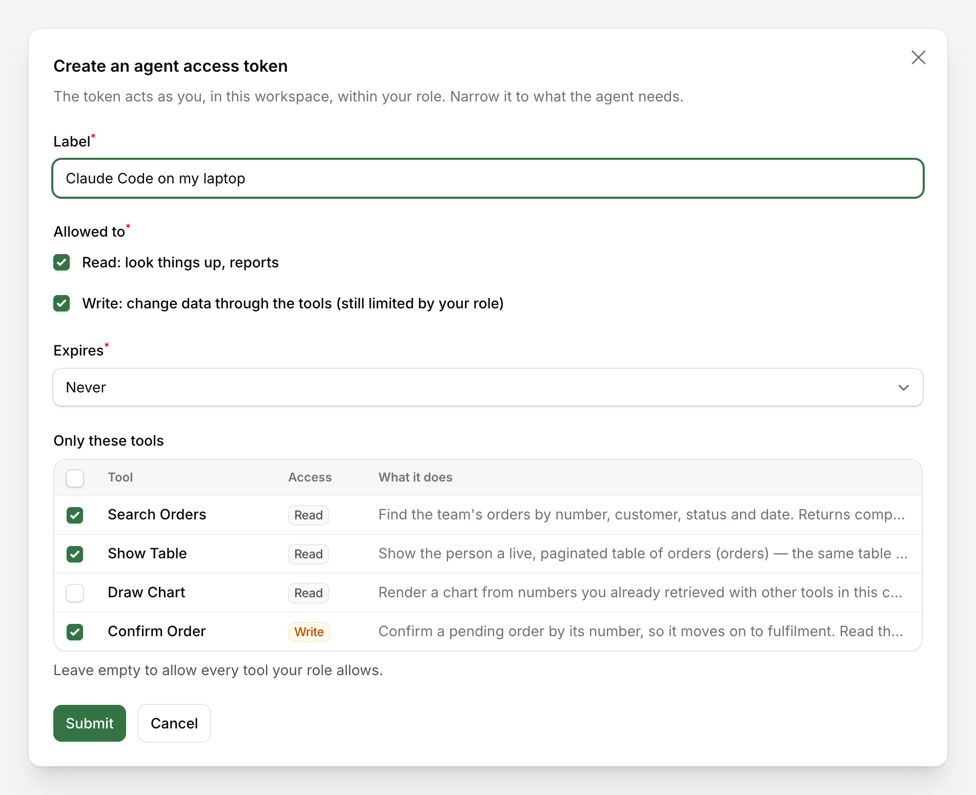 The Create token modal: read and write abilities, an expiry, and the tools table with a Read or Write badge per tool