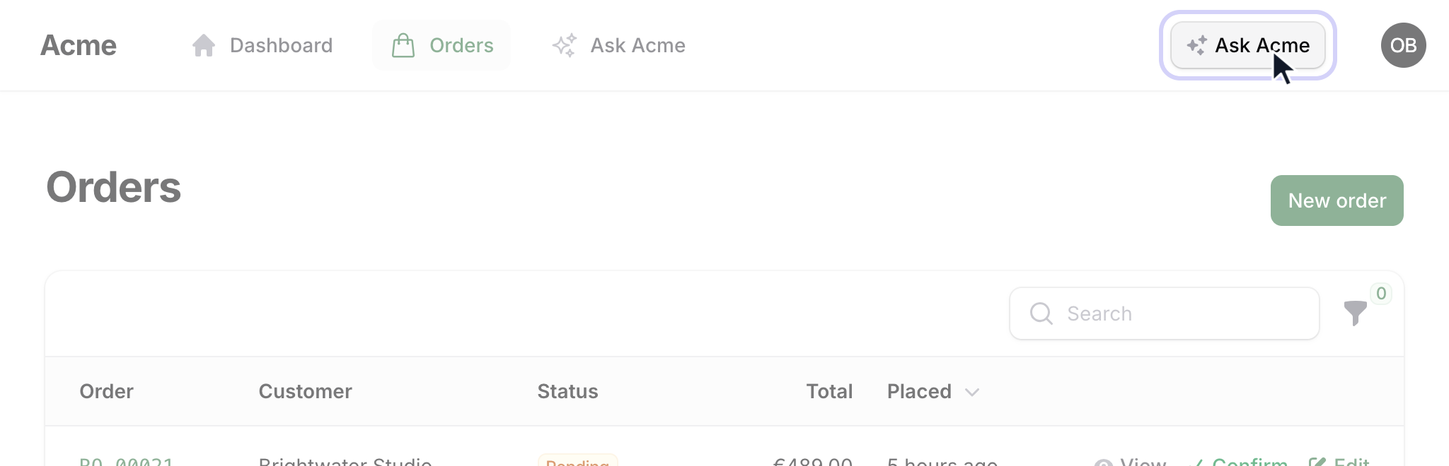 The Ask Acme button in the topbar of the Orders resource