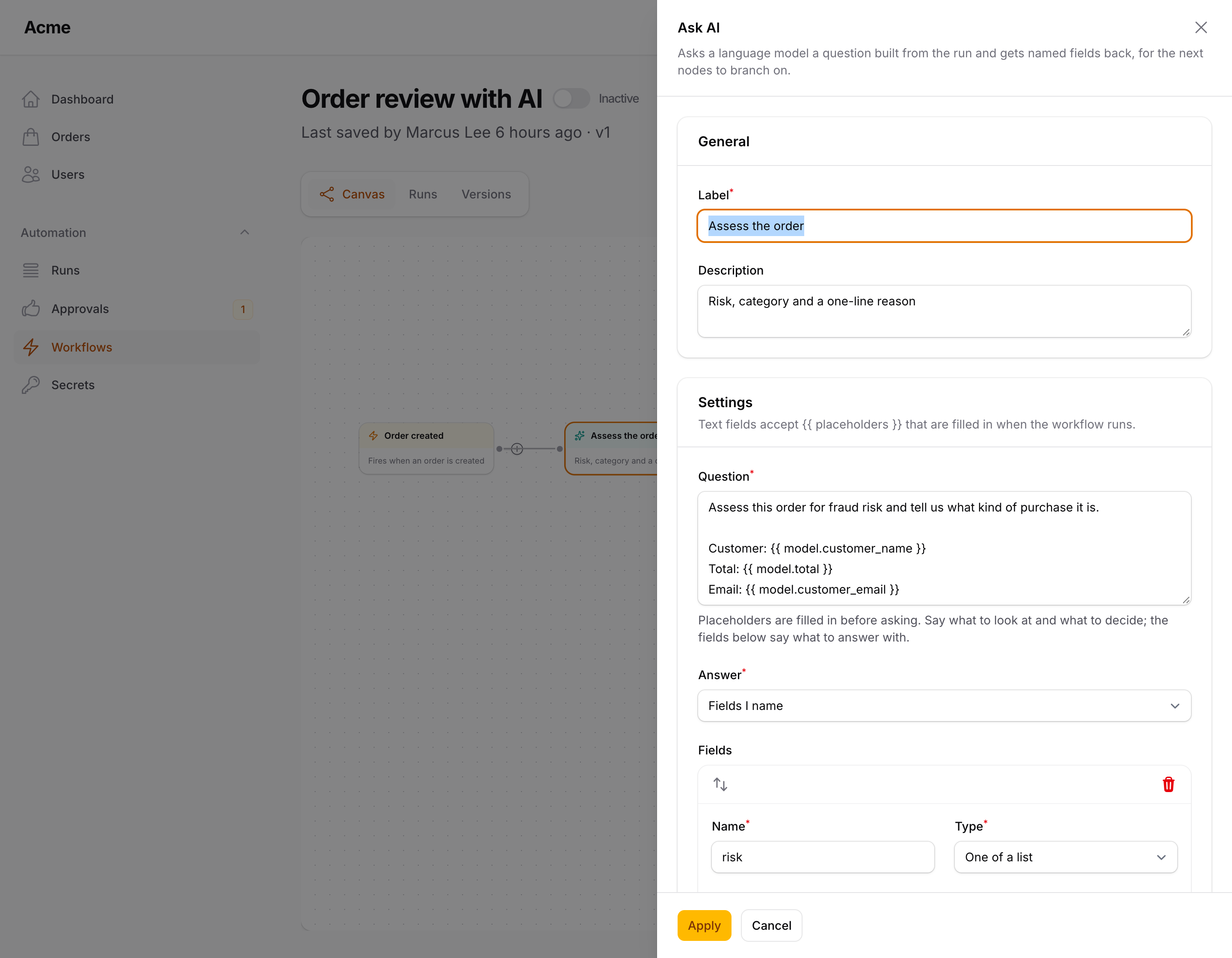 The settings of an Ask AI node: the question with placeholders, the answer as named fields