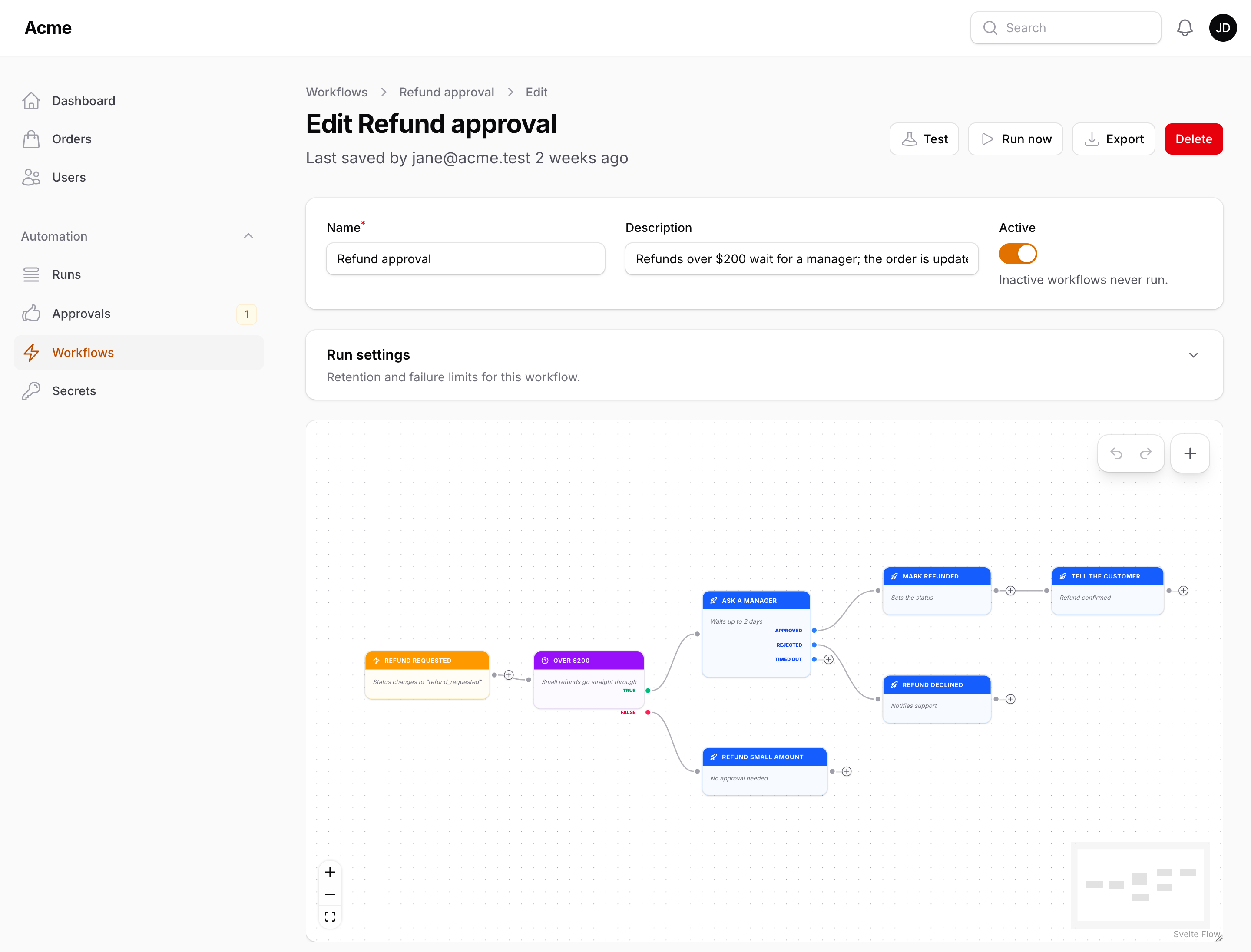An Ask for approval node with Approved, Rejected and Timed out outputs