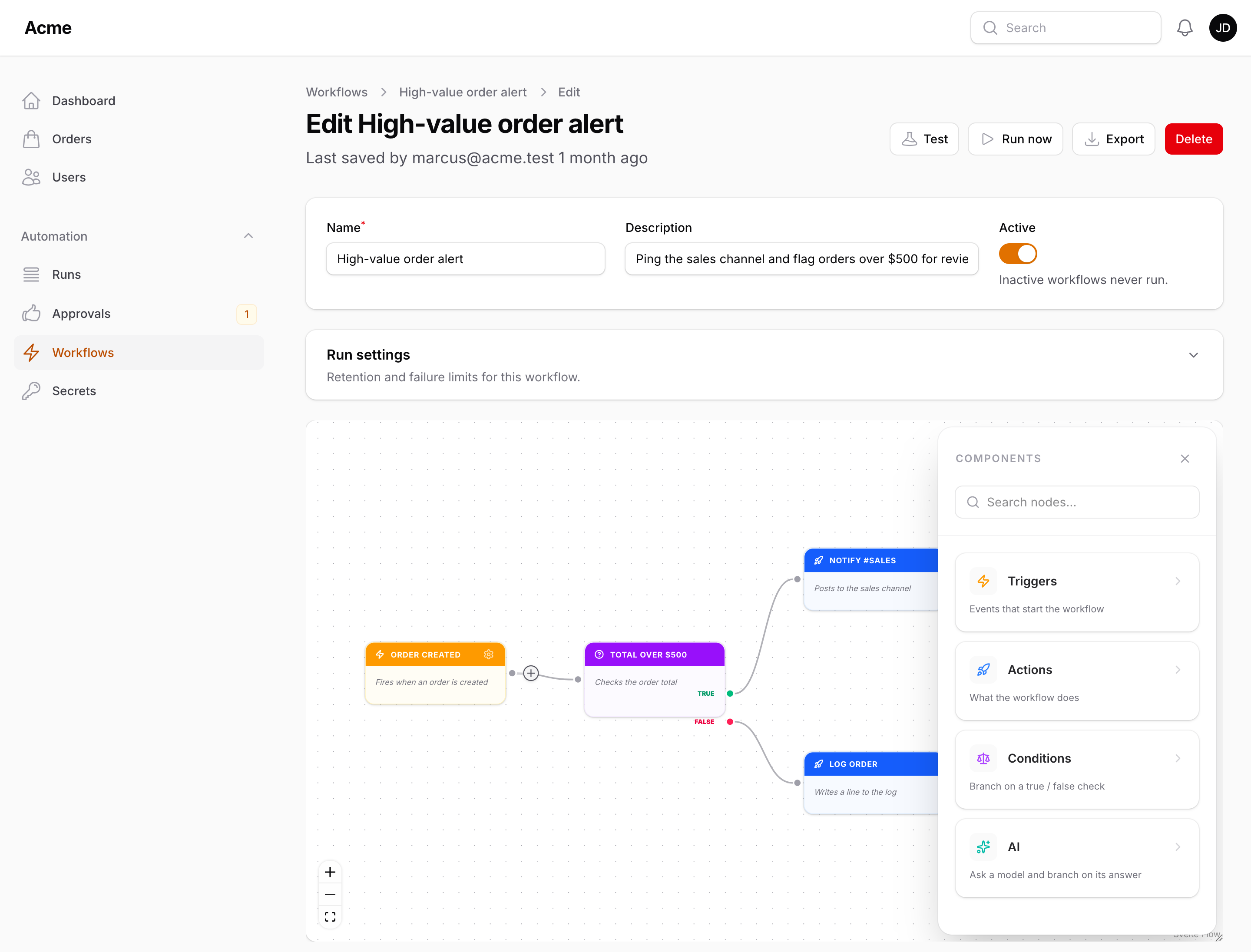 The add-node sidebar listing the available triggers