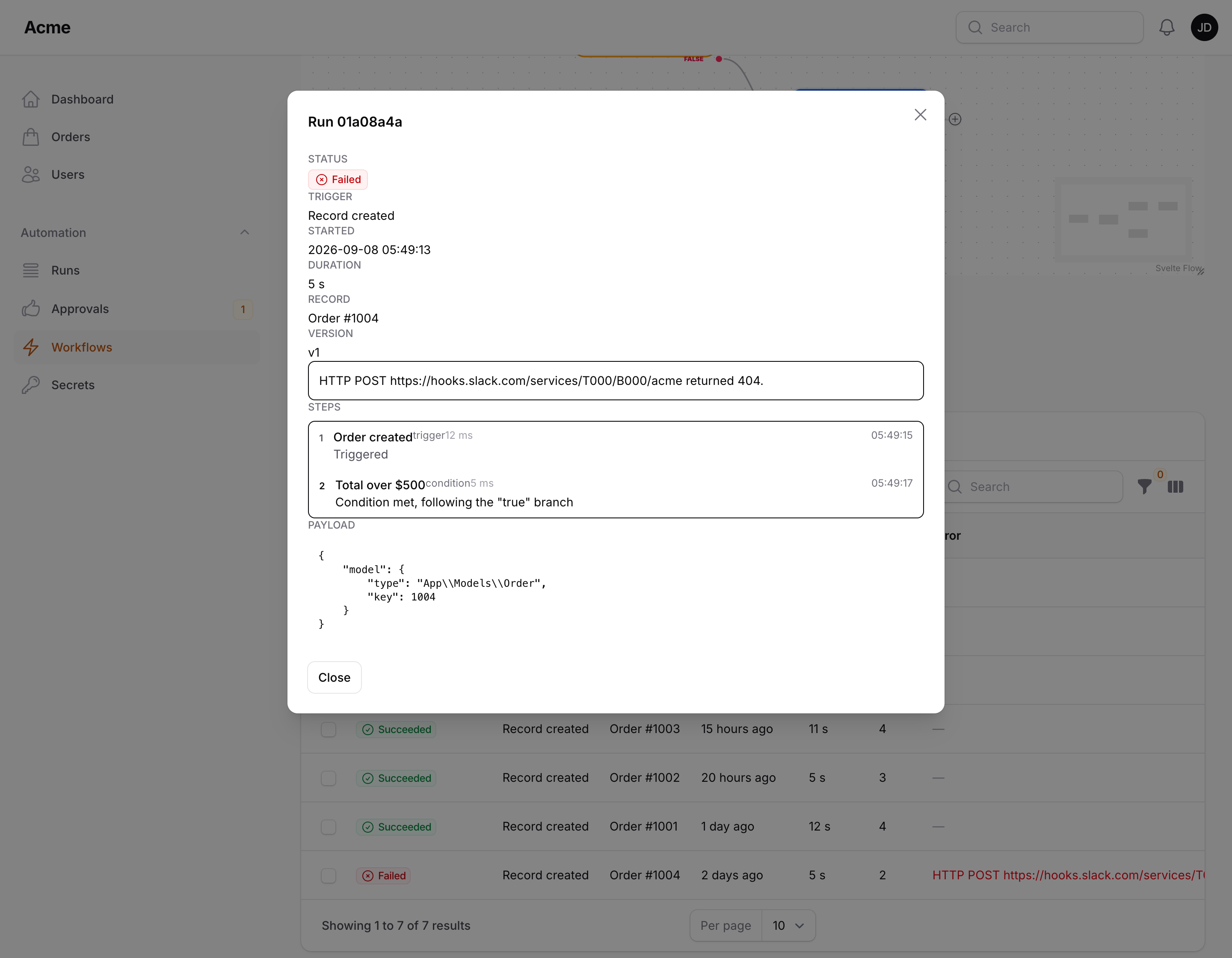 A run's steps and payload in the details modal