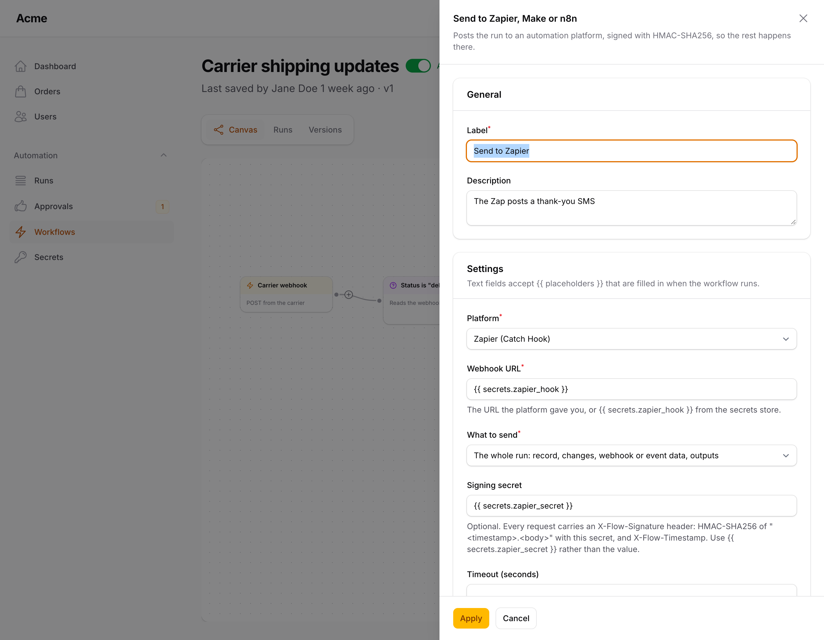 The settings of a Send to Zapier node: platform, webhook URL and signing secret from the secrets store