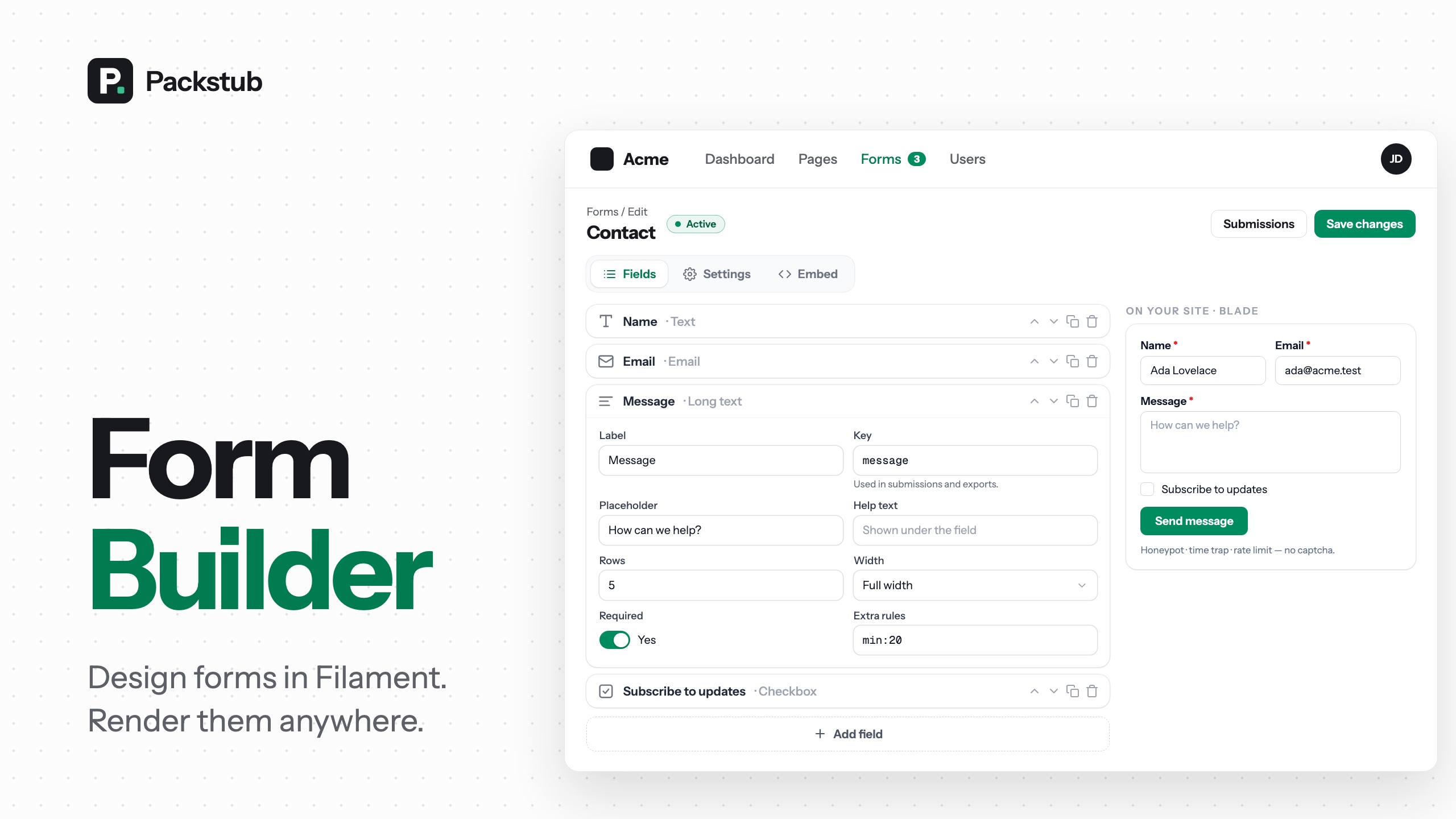 Filament Form Builder — build forms in the panel, render them anywhere