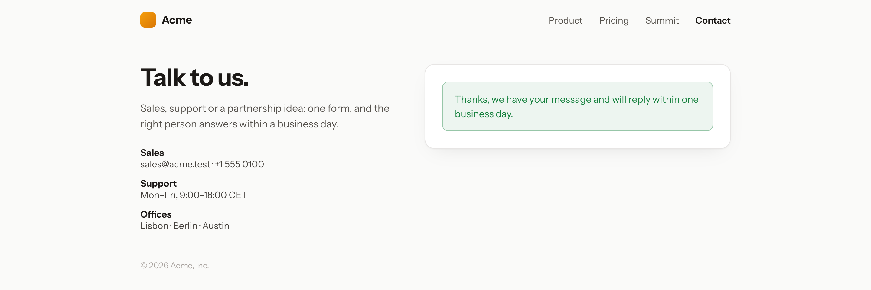 After a successful submit: the form replaced by the success message