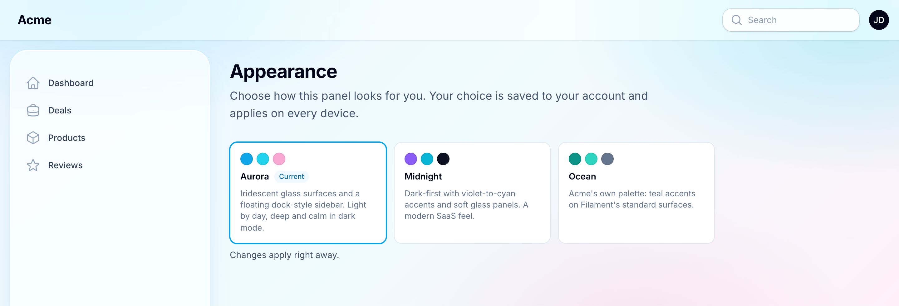 The Appearance page: a card per theme with its swatches, label and description, the current one marked