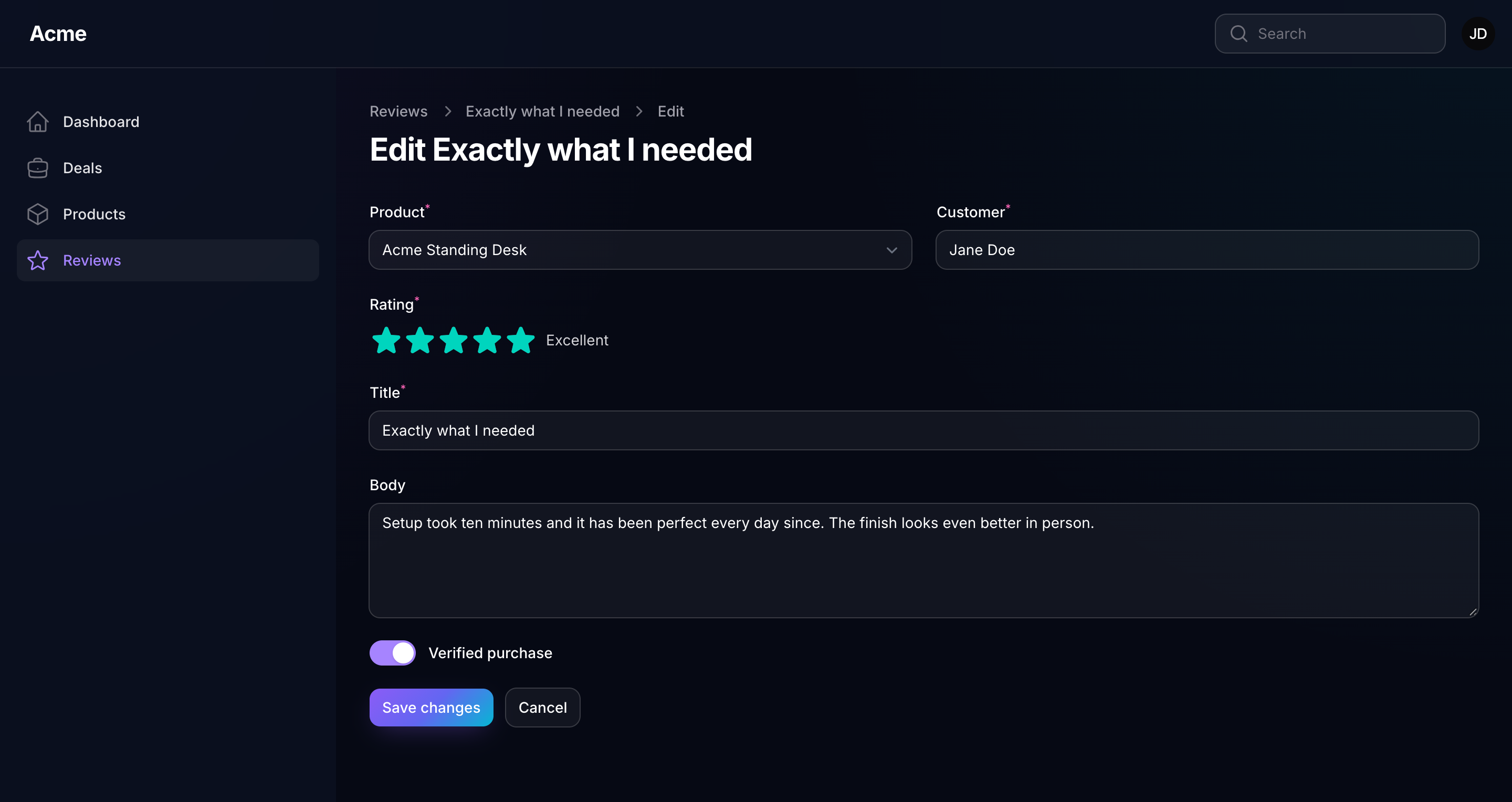 An edit form in the Midnight theme: dark inputs and a violet-to-cyan gradient on the primary button