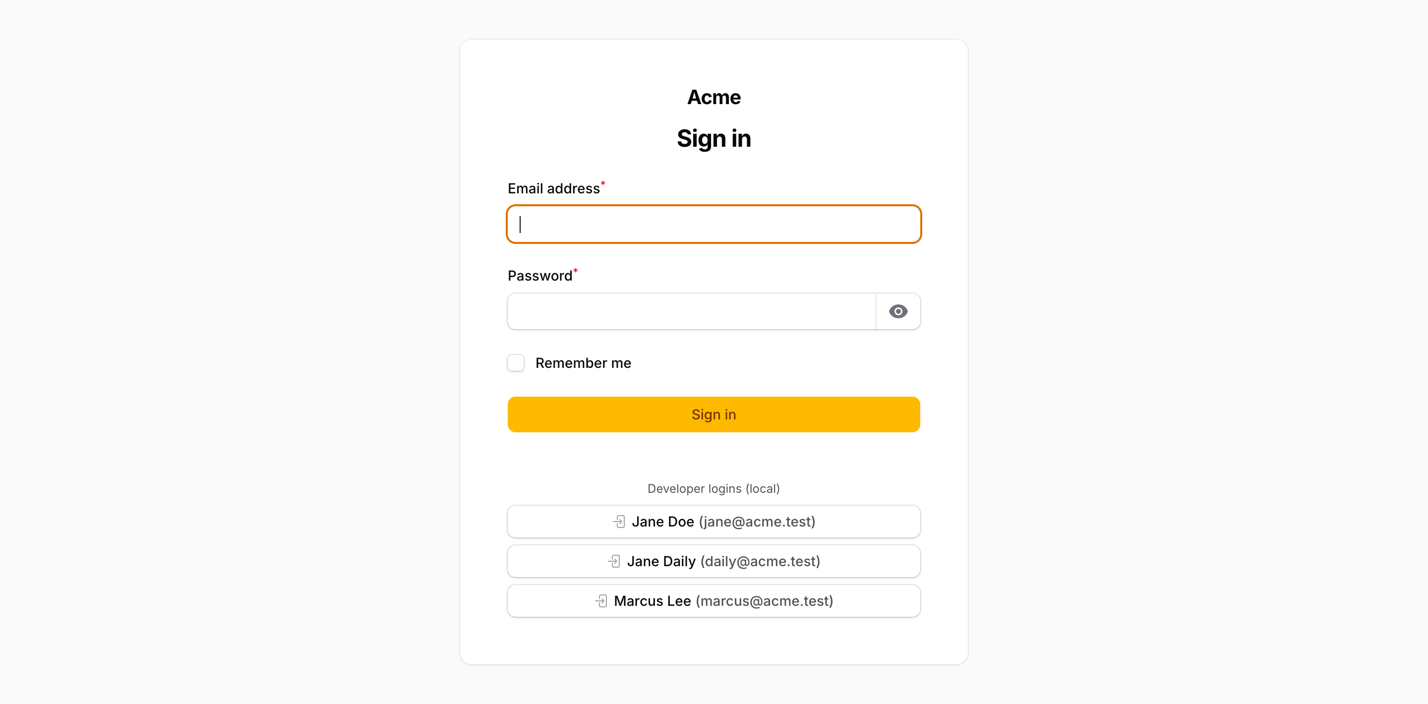 The login page with one-click developer login buttons under the form
