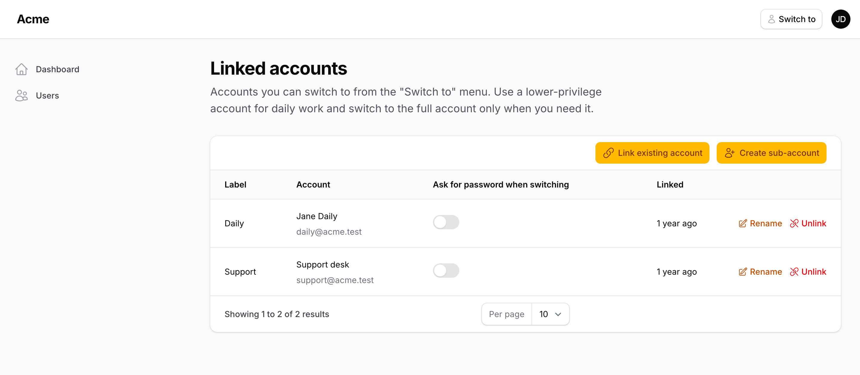 The Linked accounts page after creating a sub-account