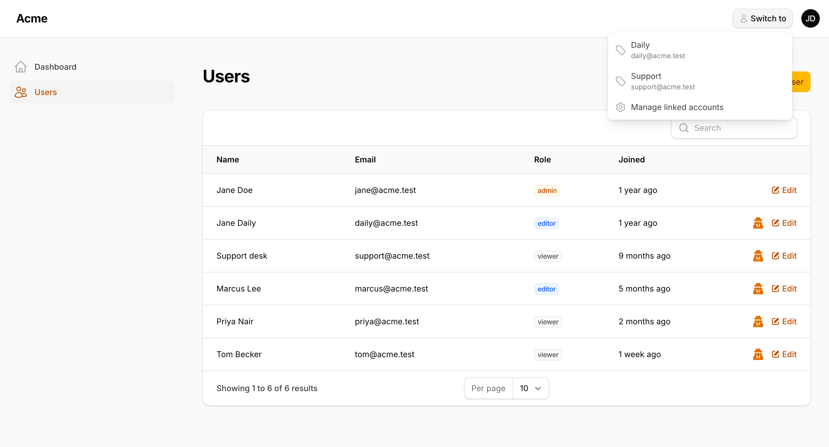 The "Switch to" menu listing the linked Daily and Support accounts