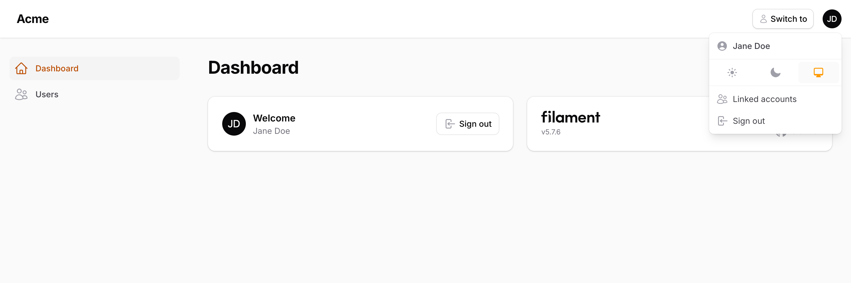 The user menu with the Linked accounts item