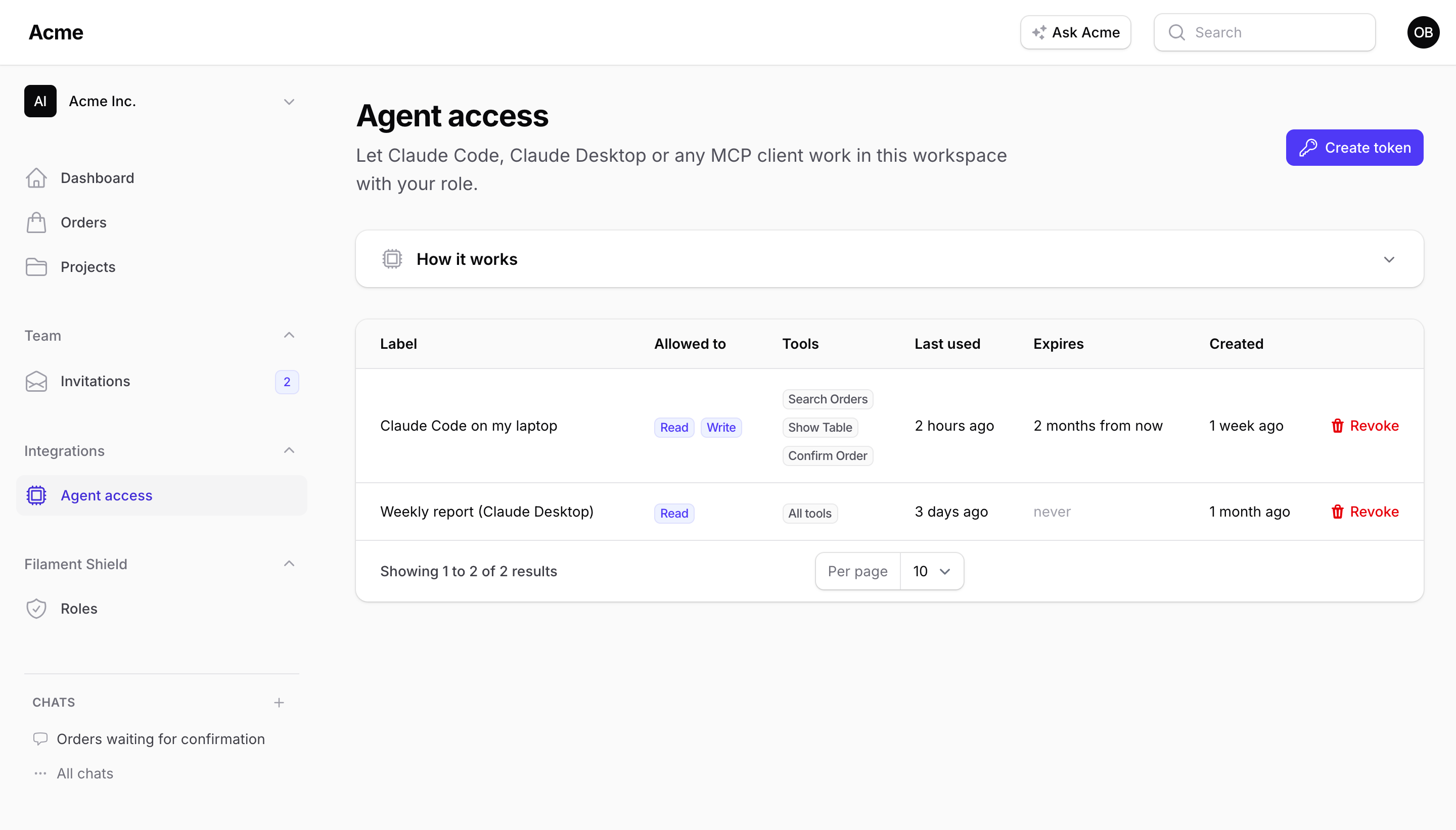 The Agent access page listing two tokens: one scoped to three tools and expiring, one read-only