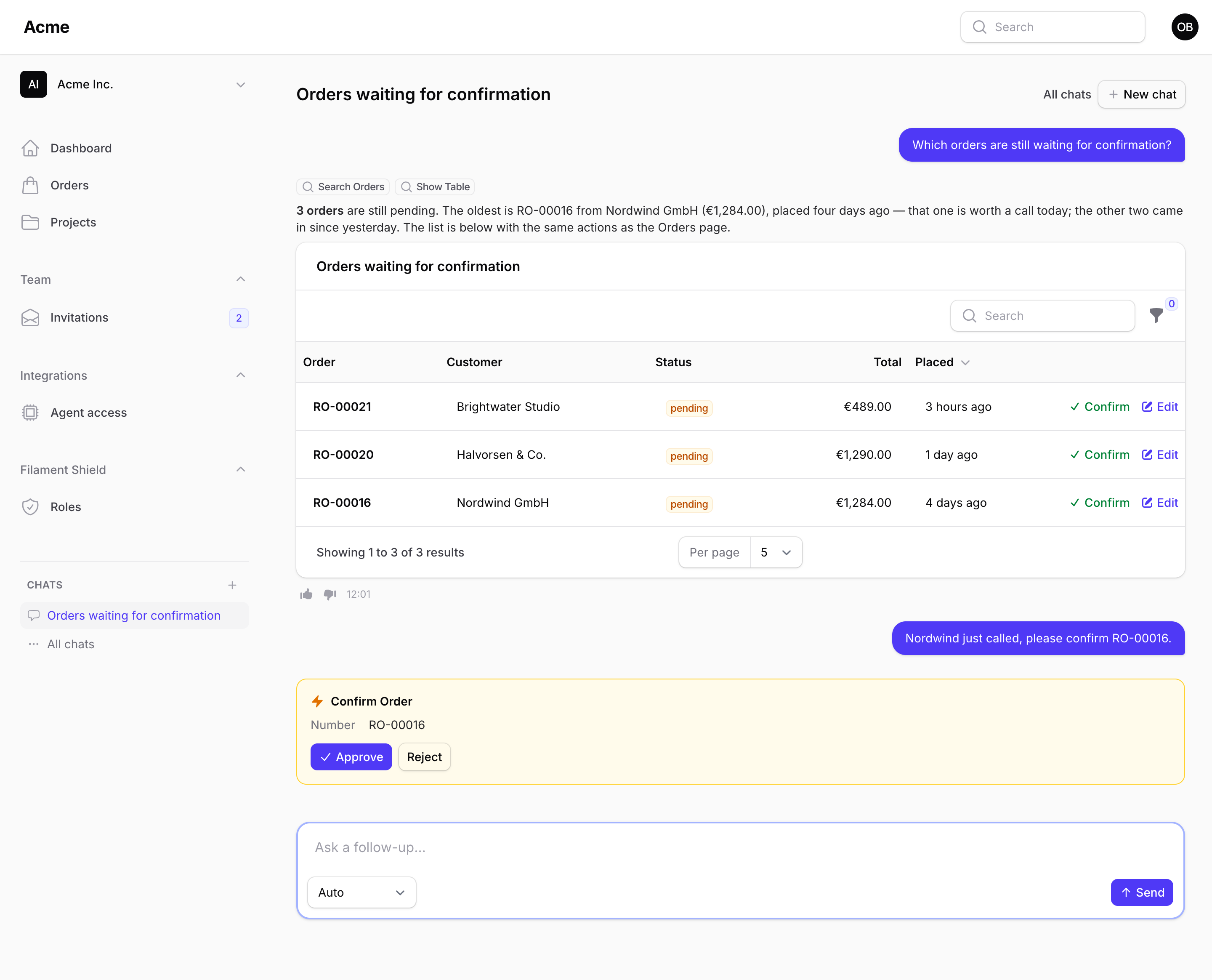 The chat: an answer with a live orders table under it, then a Confirm Order proposal with Approve and Reject buttons