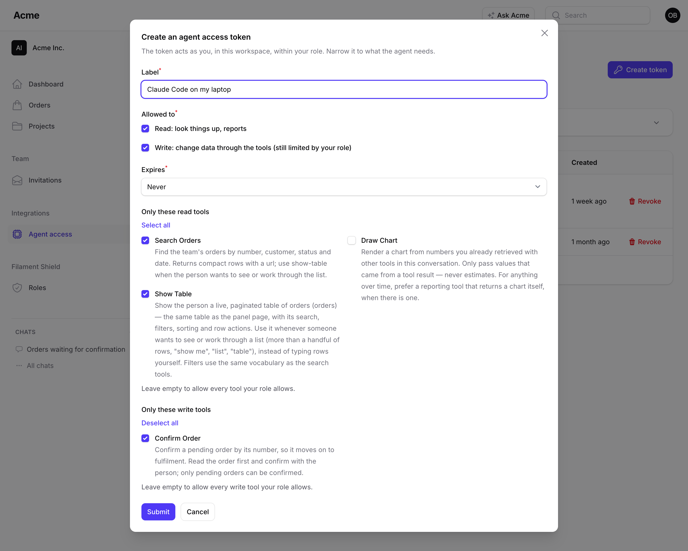 The Create token modal: read and write abilities, an expiry, and the tool picker with read and write tools apart