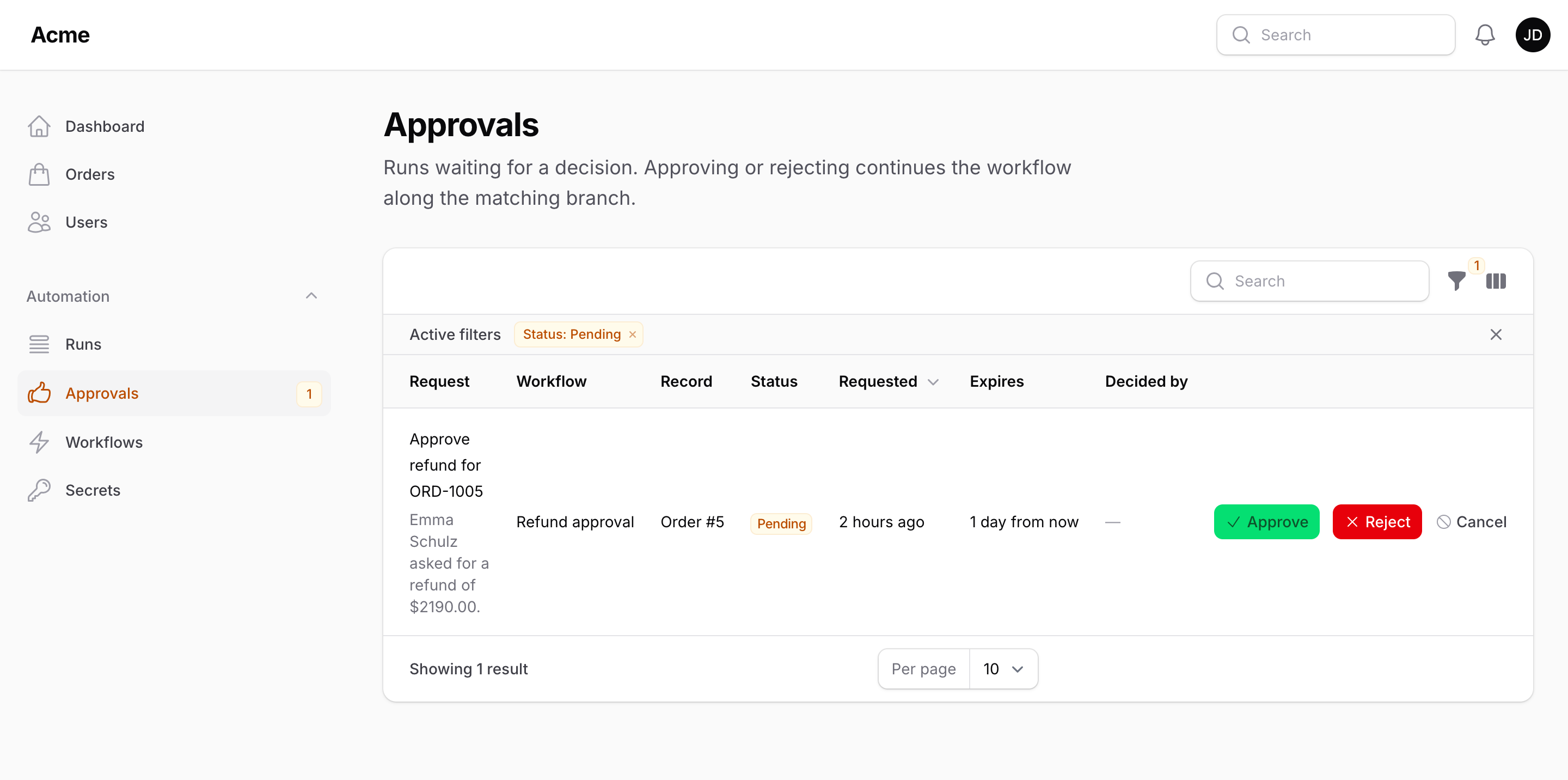 The Approvals page with a pending request