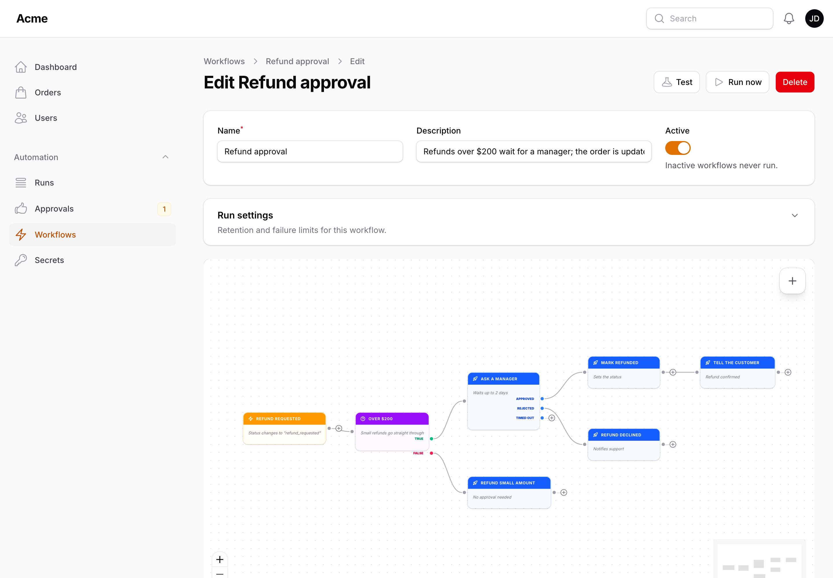 An Ask for approval node with Approved, Rejected and Timed out outputs
