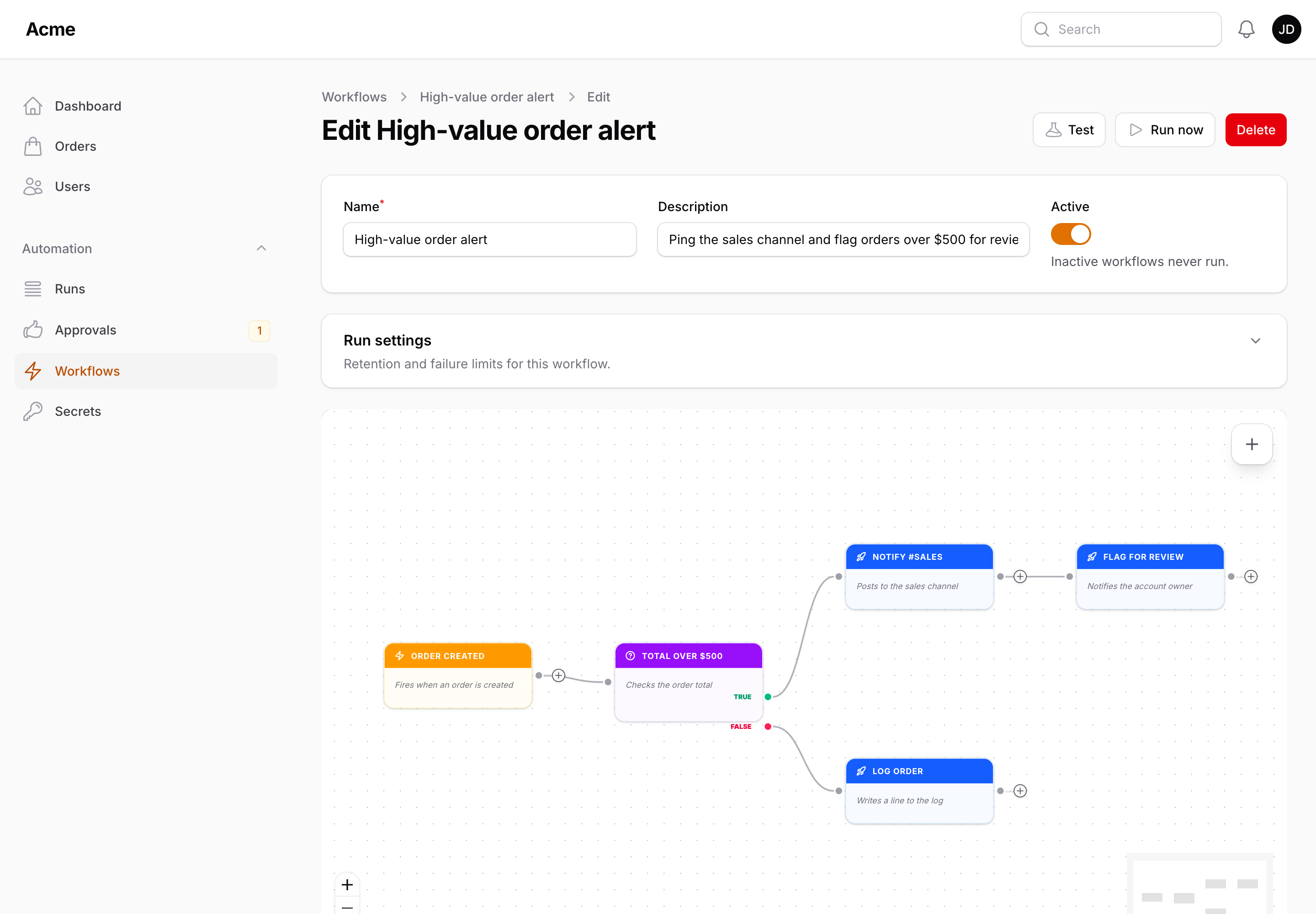 A finished workflow on the canvas