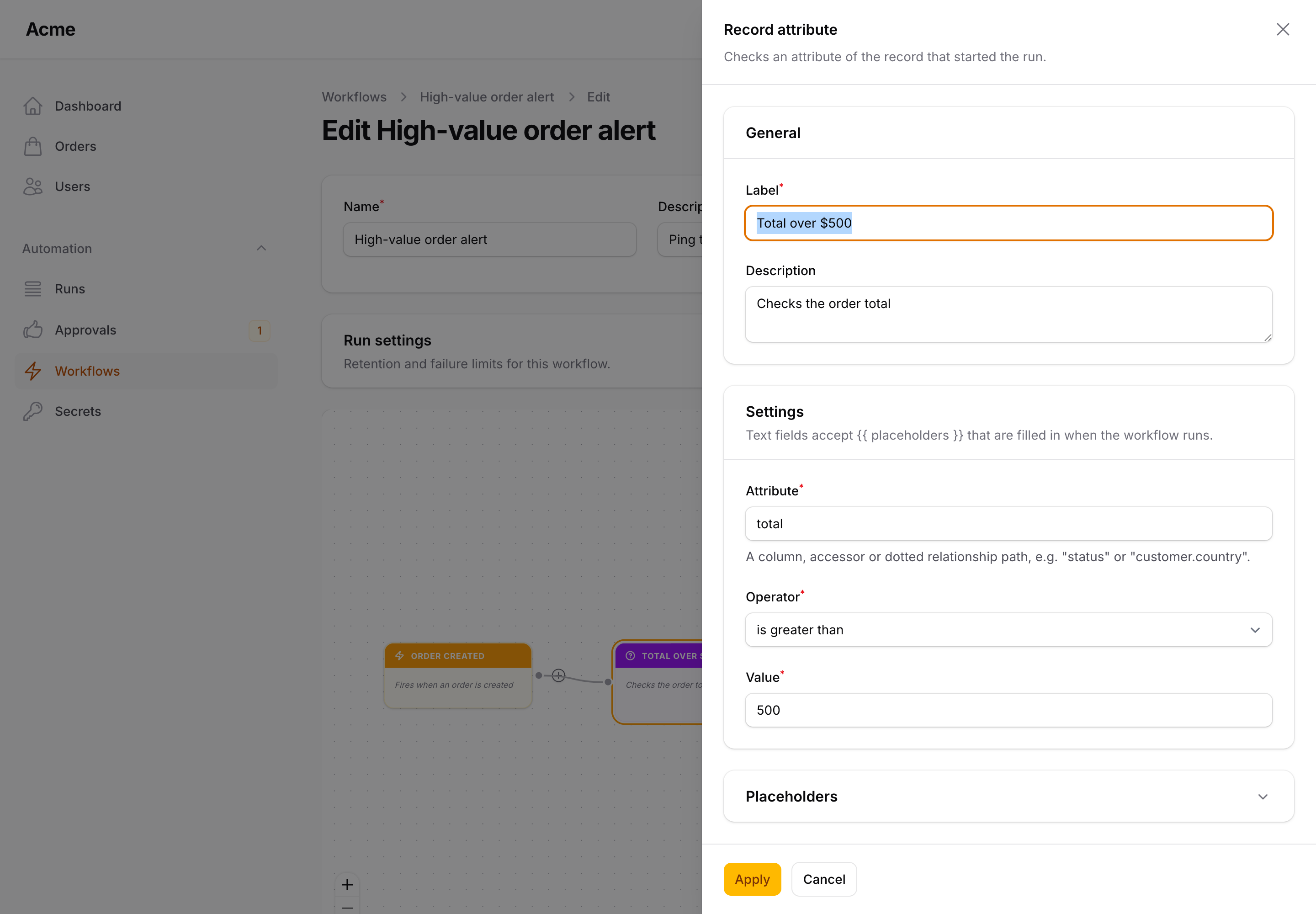 The settings slide-over for an action