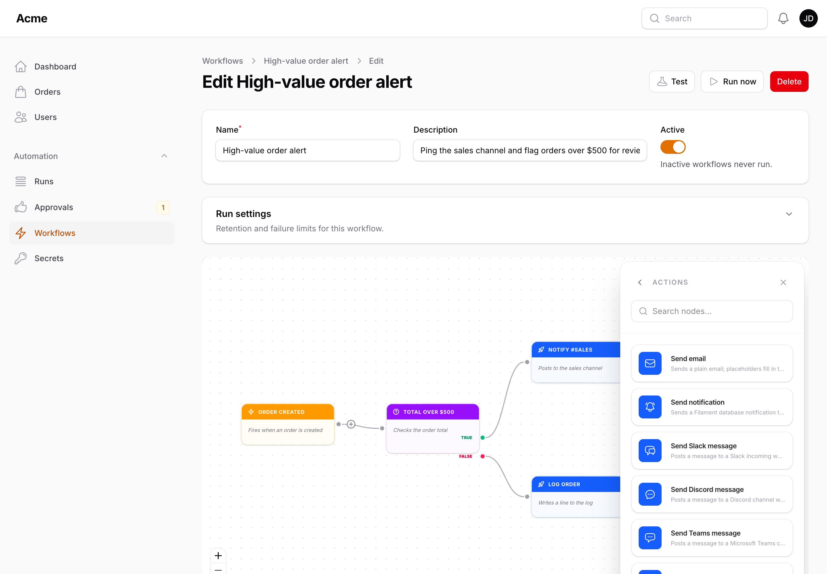 The add-node sidebar
