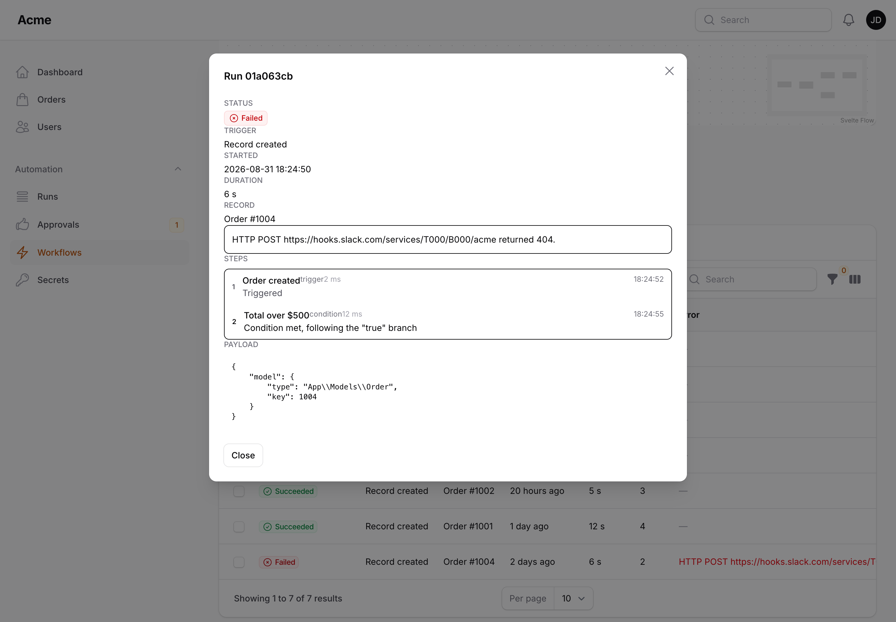 A run's details modal