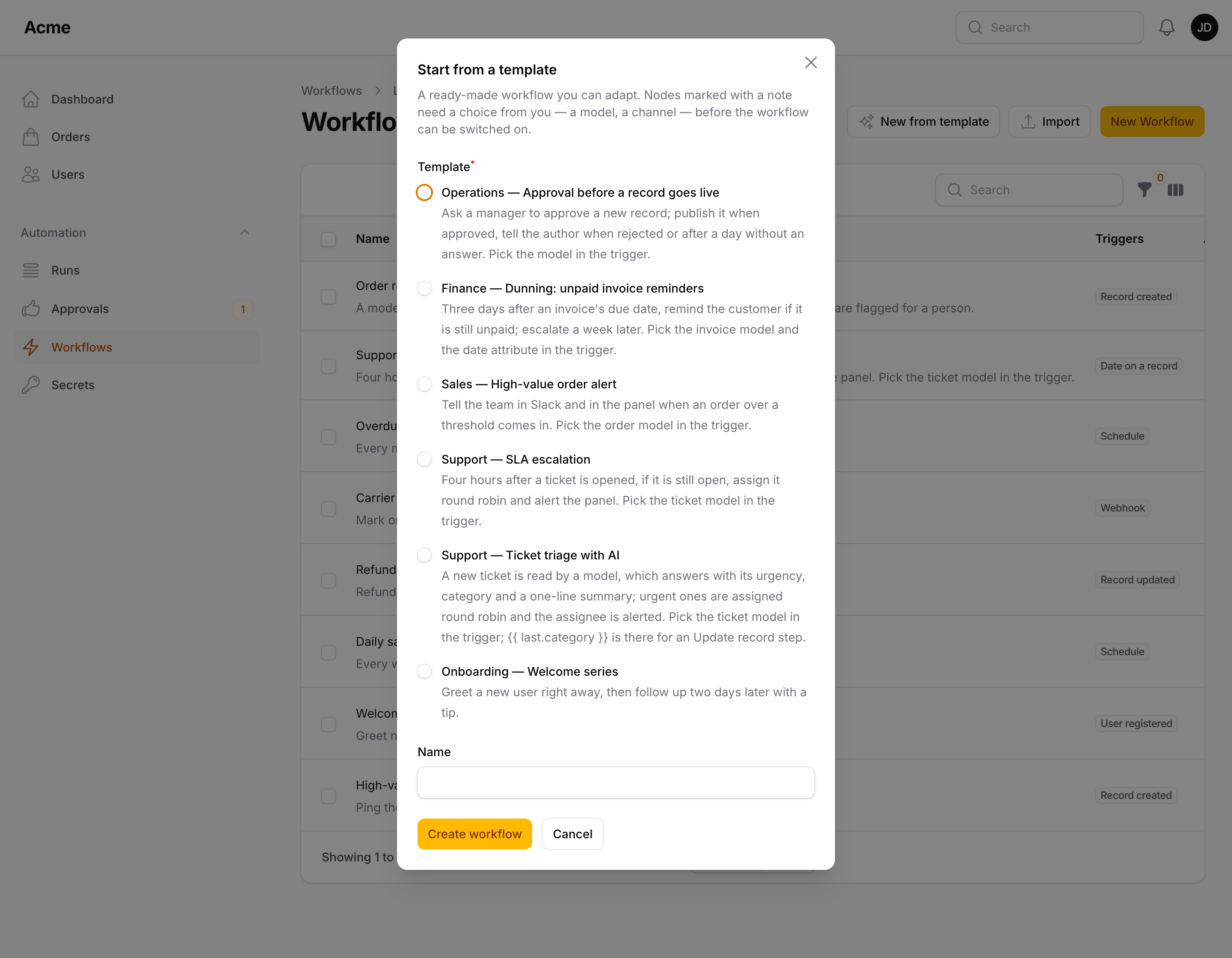 The template picker on the Workflows page