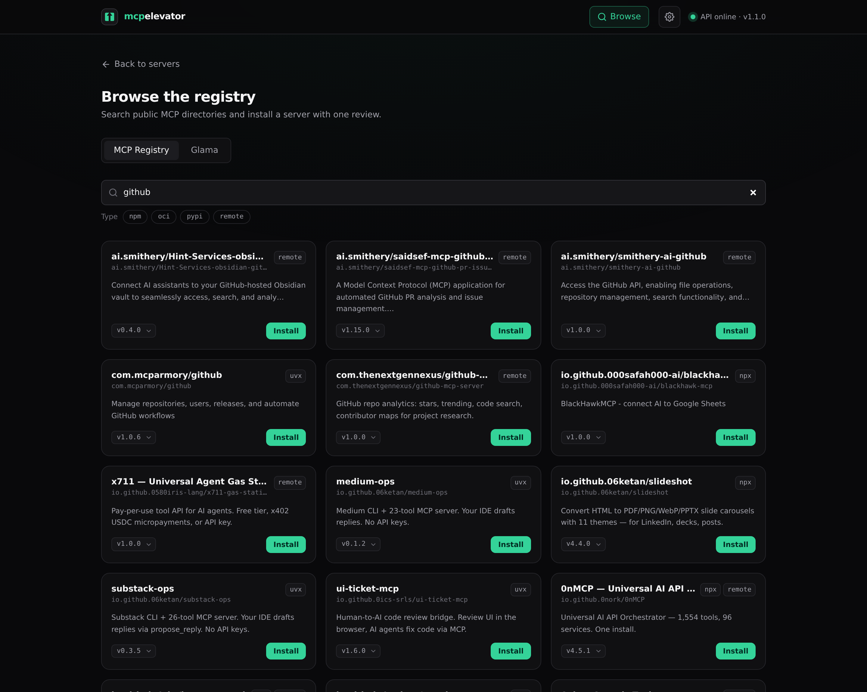Search the registry for a server
