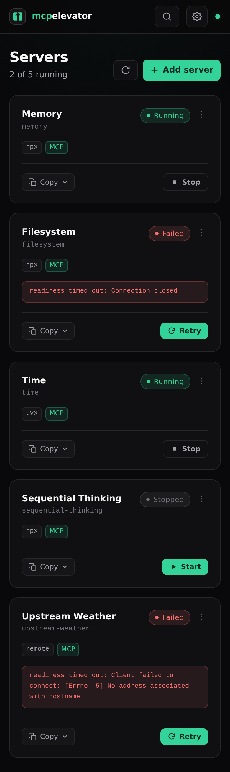 Servers dashboard on a phone-width viewport
