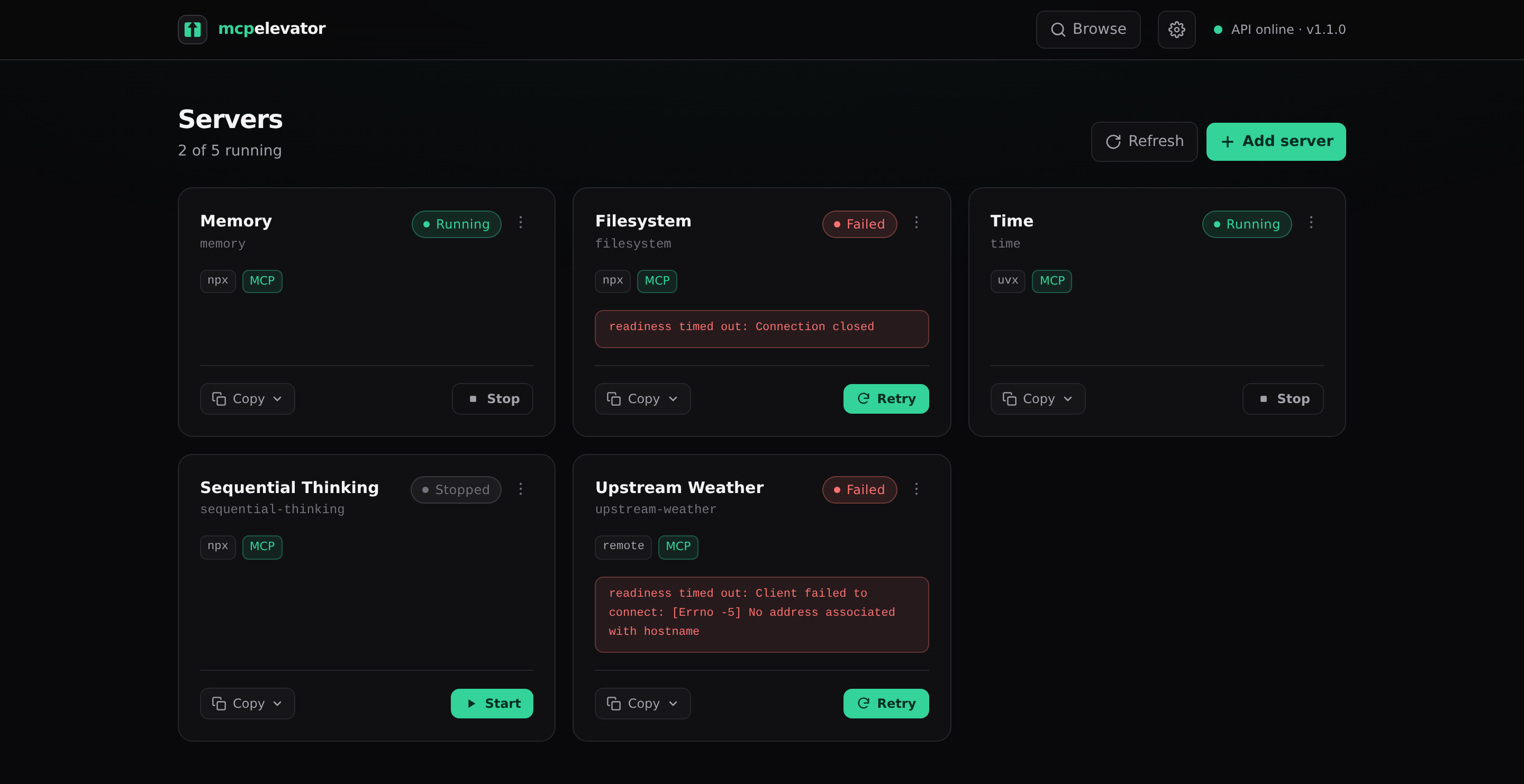 Servers dashboard — Memory and Time running, Filesystem and a remote proxy failed with inline errors, one stopped, each with runner badge and copy/start/stop controls