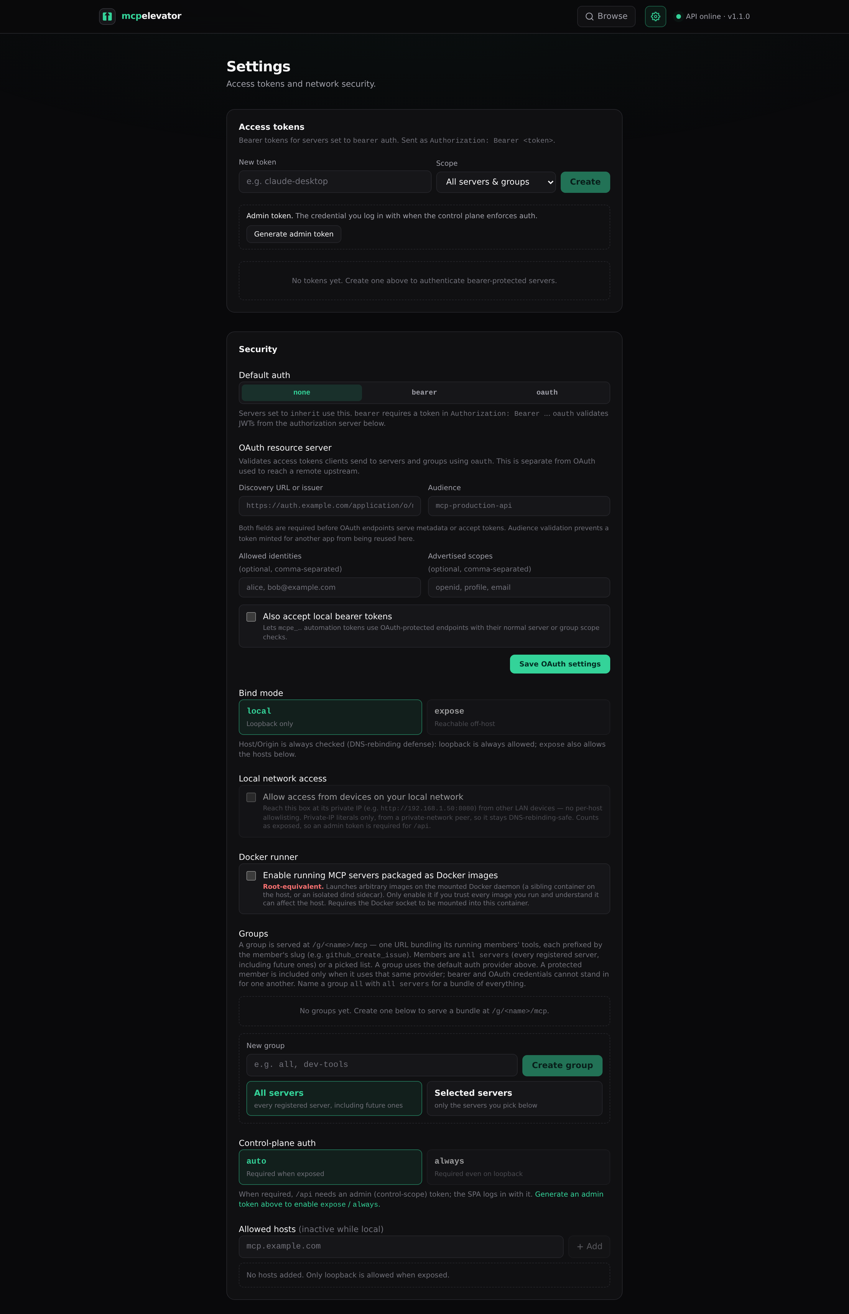 Settings — access tokens and network security