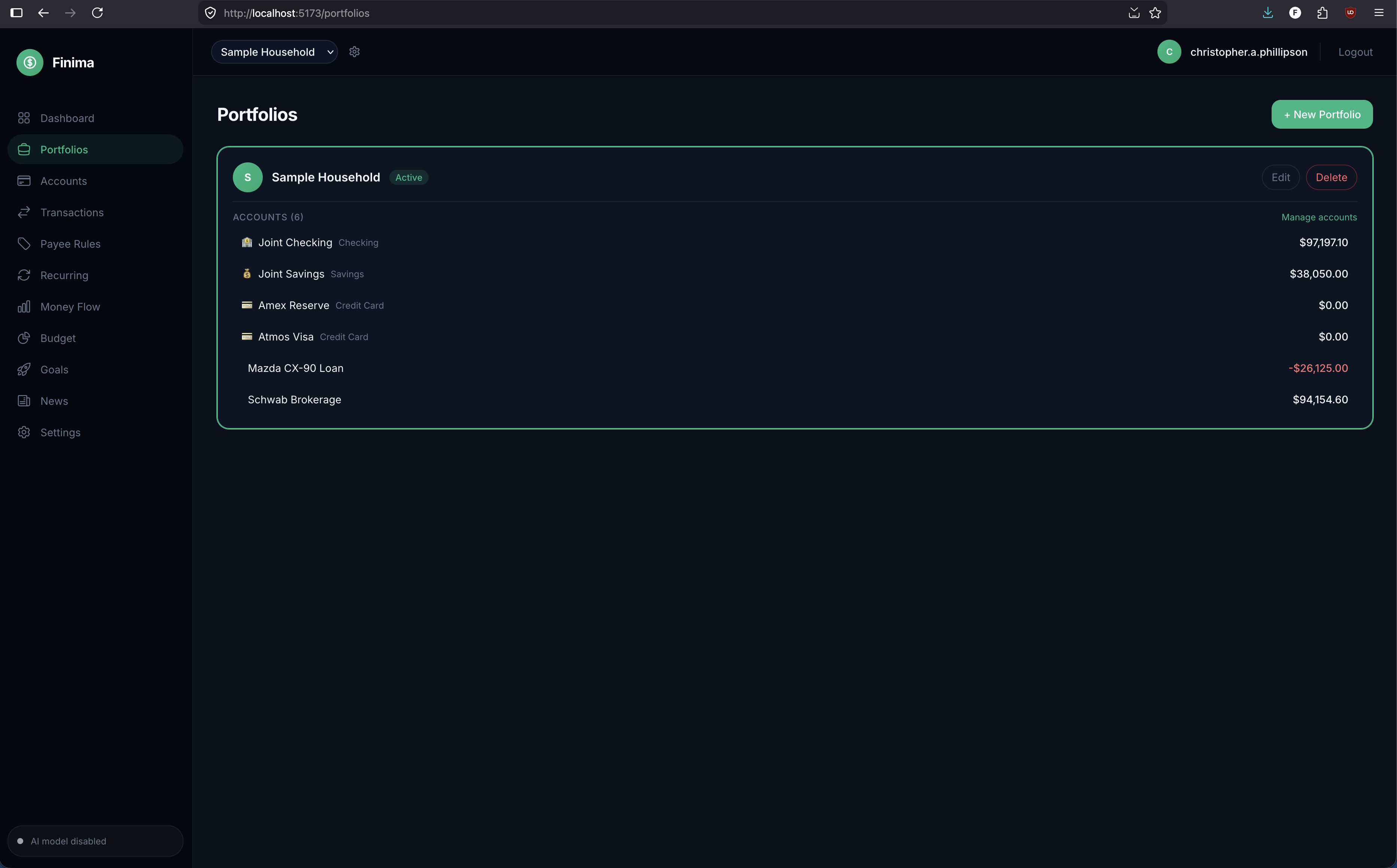Portfolios — account groupings and net worth tracking