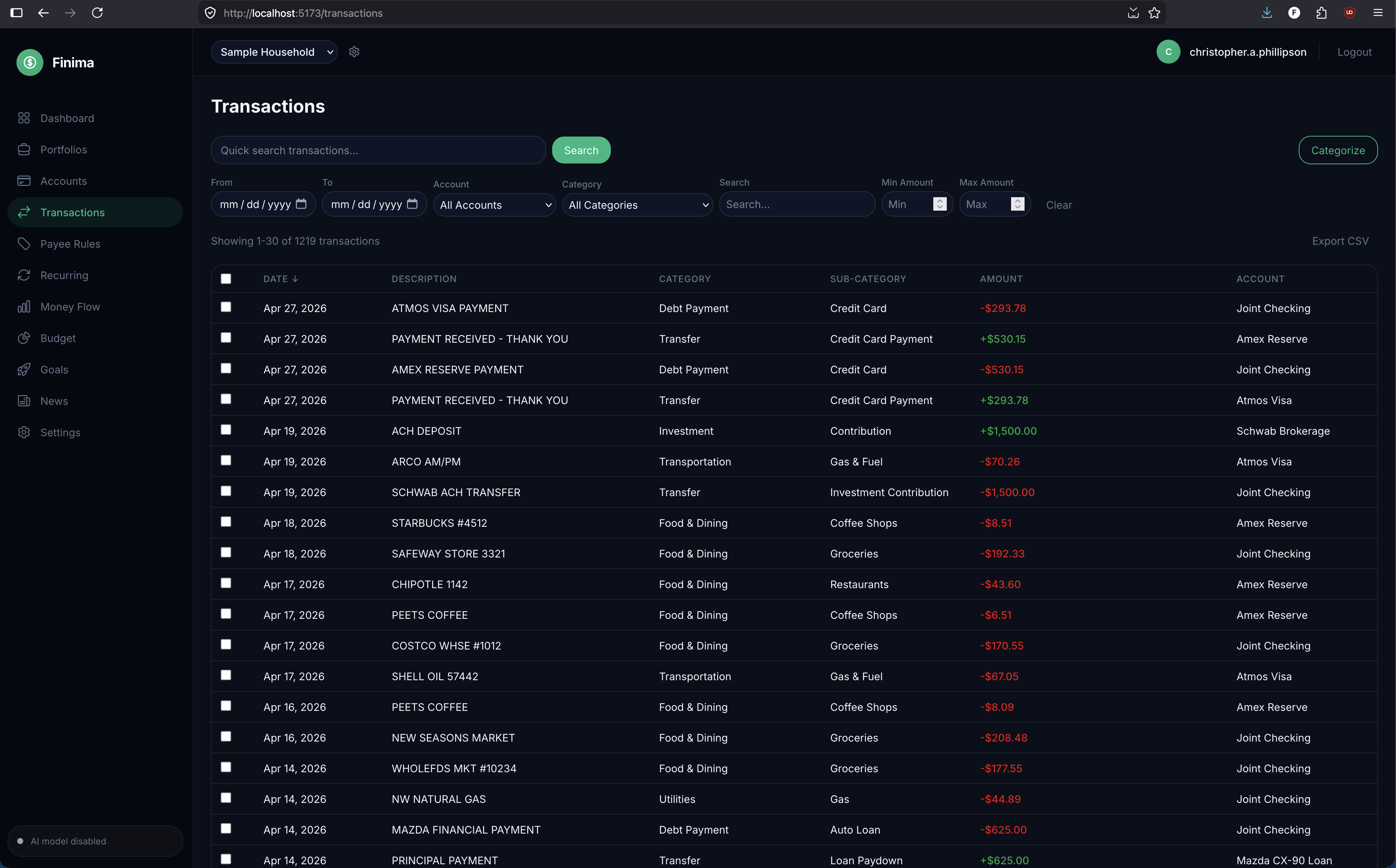 Transactions — AI-categorized with search and filters
