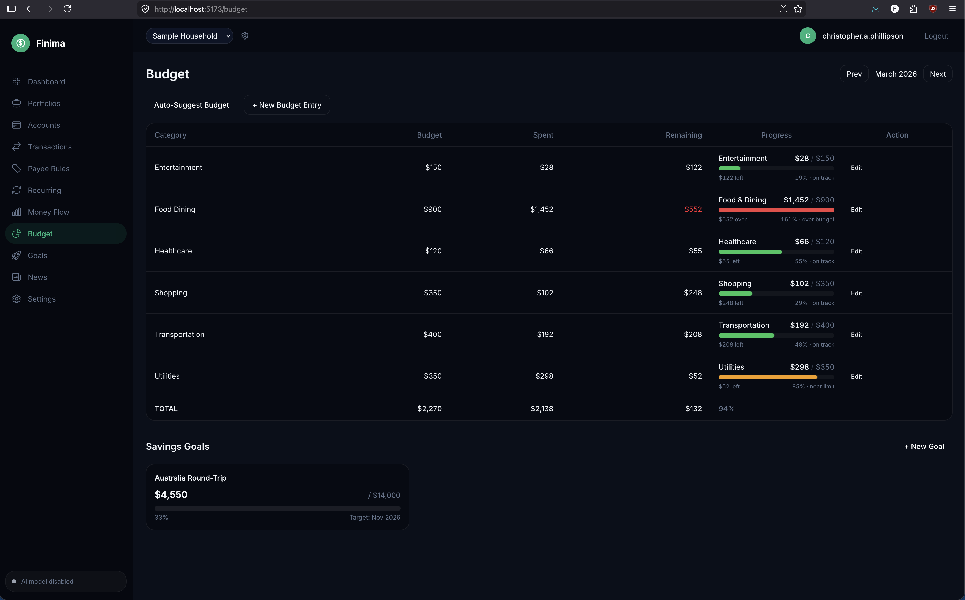 Budget — category budgets with real-time progress