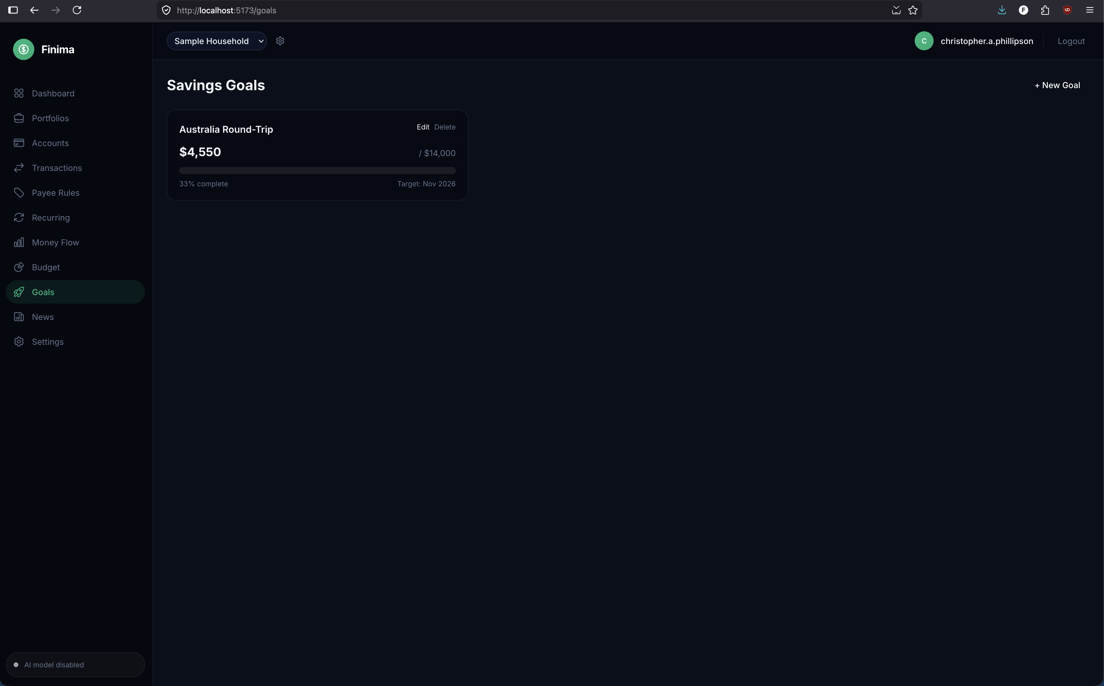 Goals — savings targets with contribution tracking