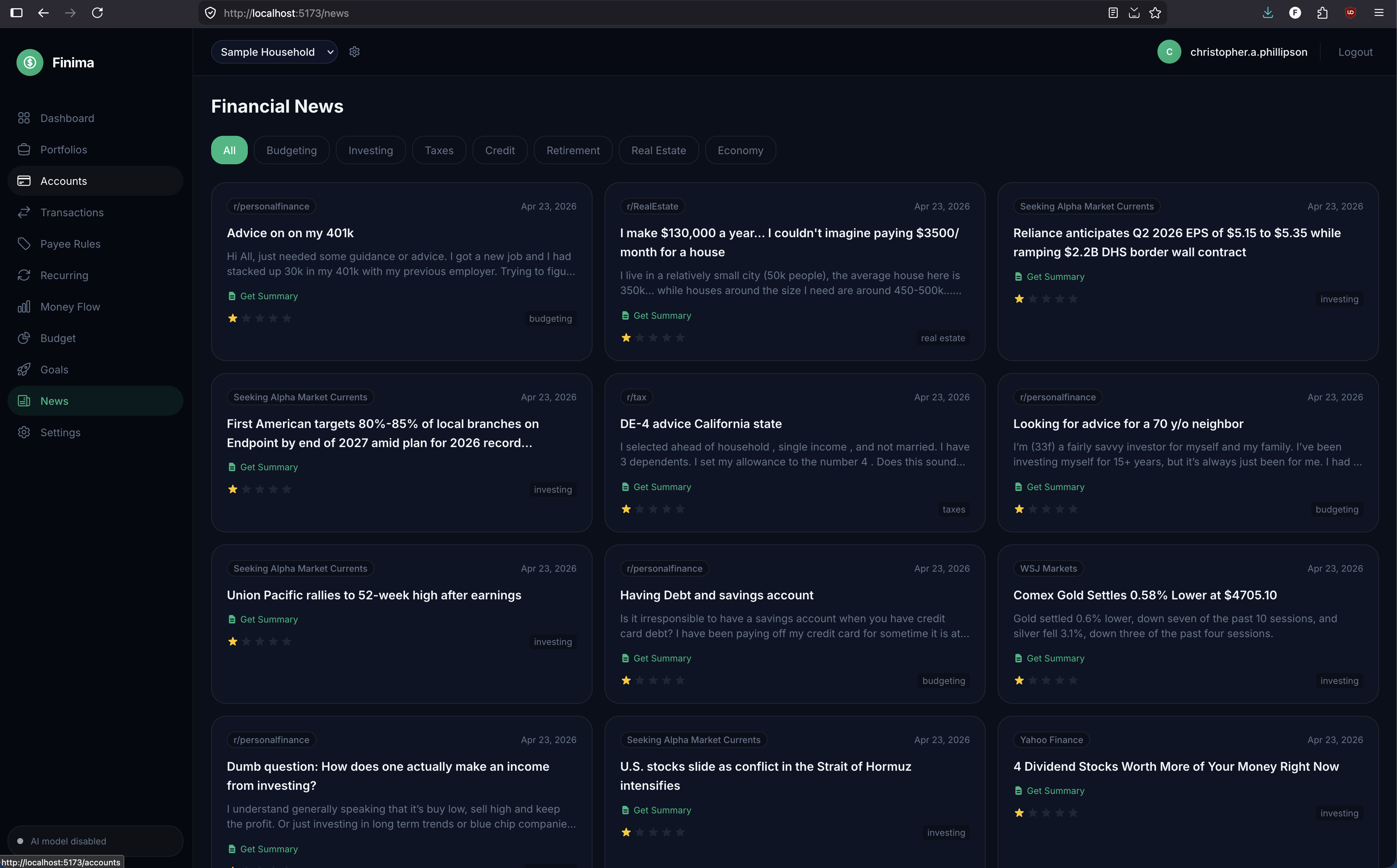 News — financial articles with AI summaries