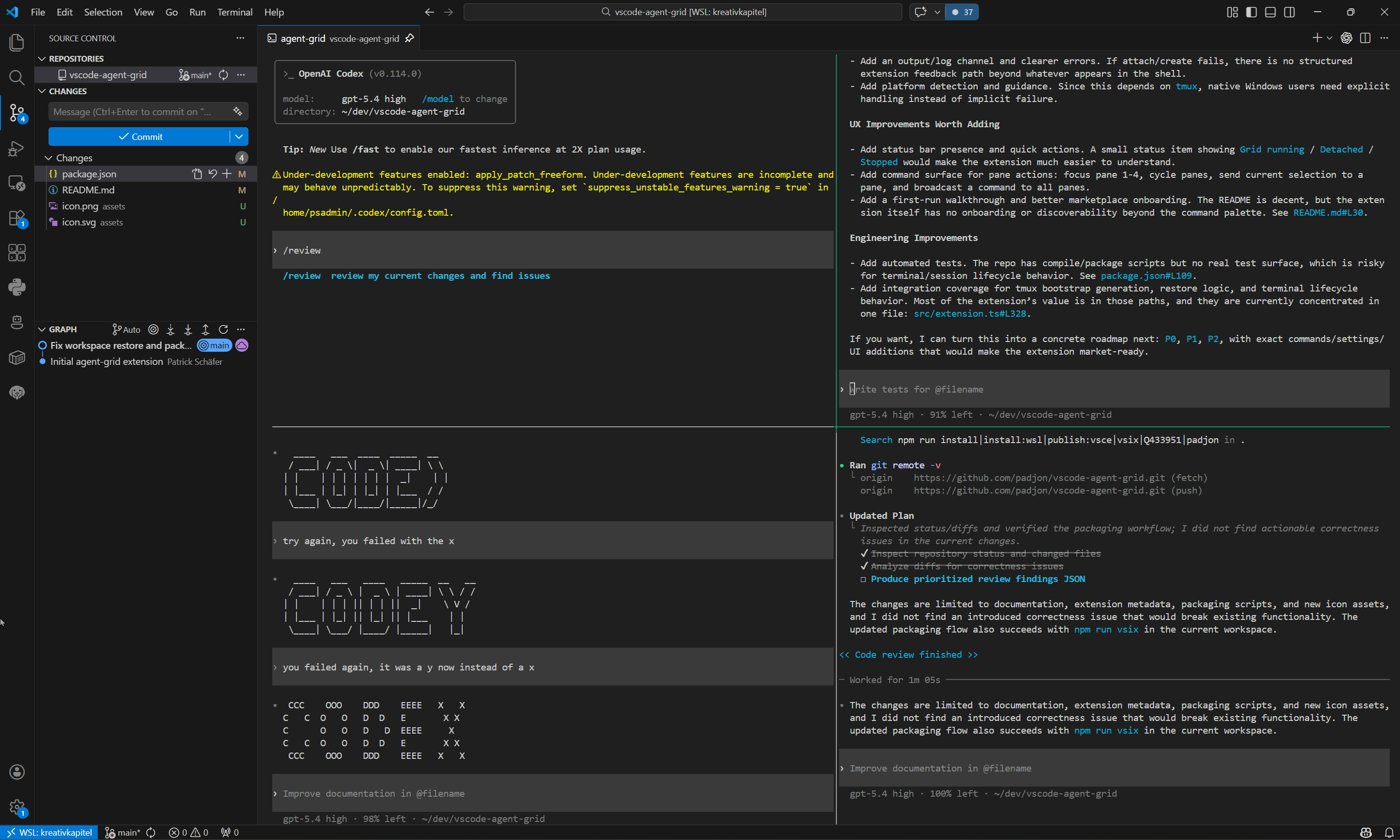 Agent Grid screenshot showing a real tmux-backed terminal workspace inside VS Code