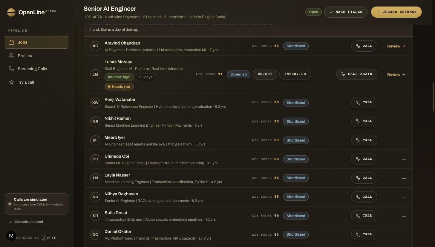Shortlist sorted by ATS score, with a Call button on each row