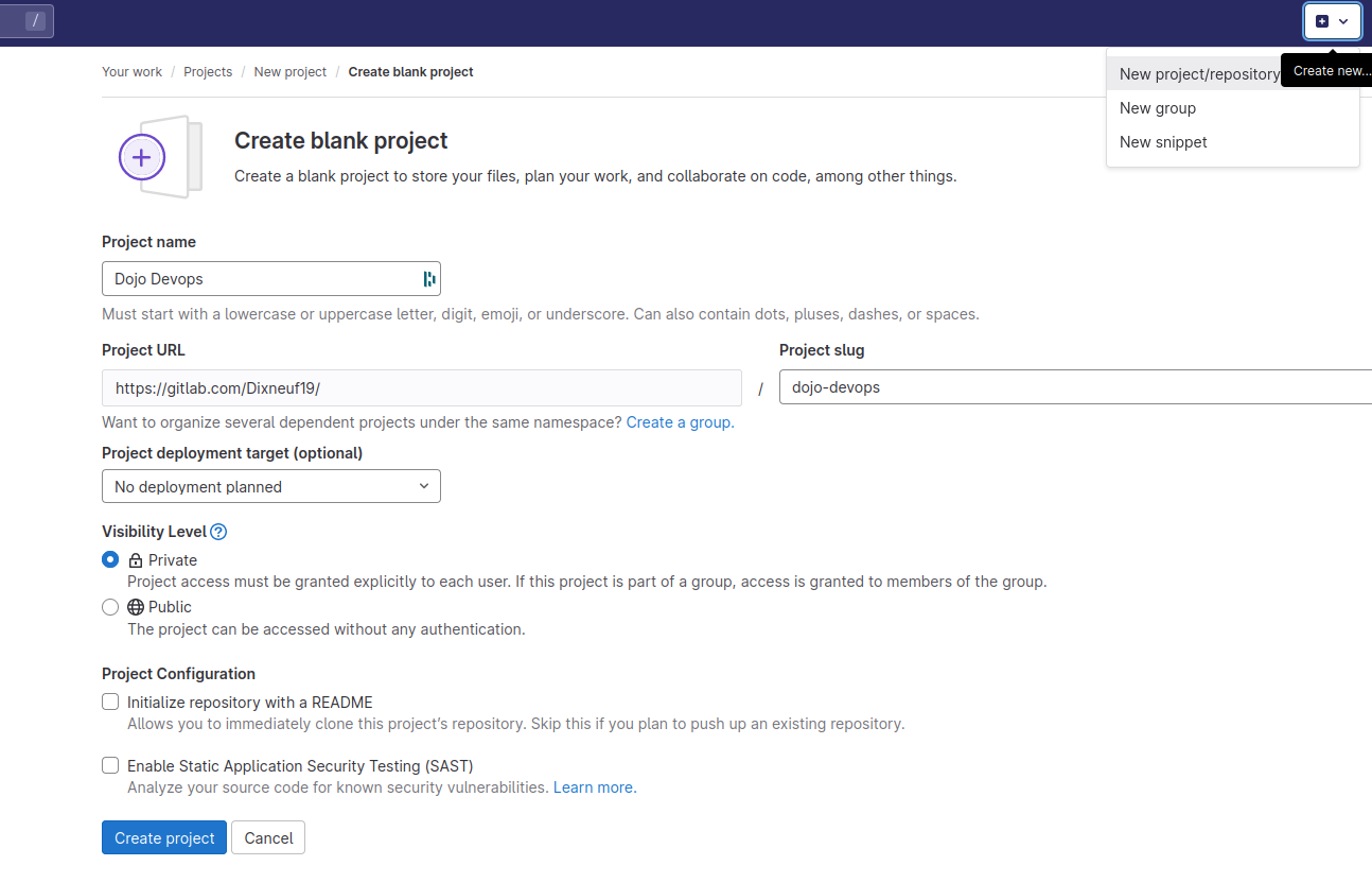 Gitlab create project